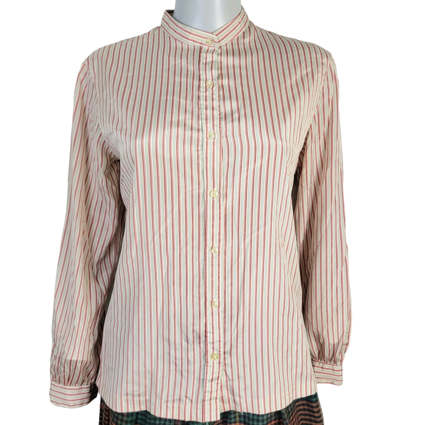 Vintage 70s Stripe Blouse Women 14 Button Shirt Roll Tab Sleeve Top Red Green