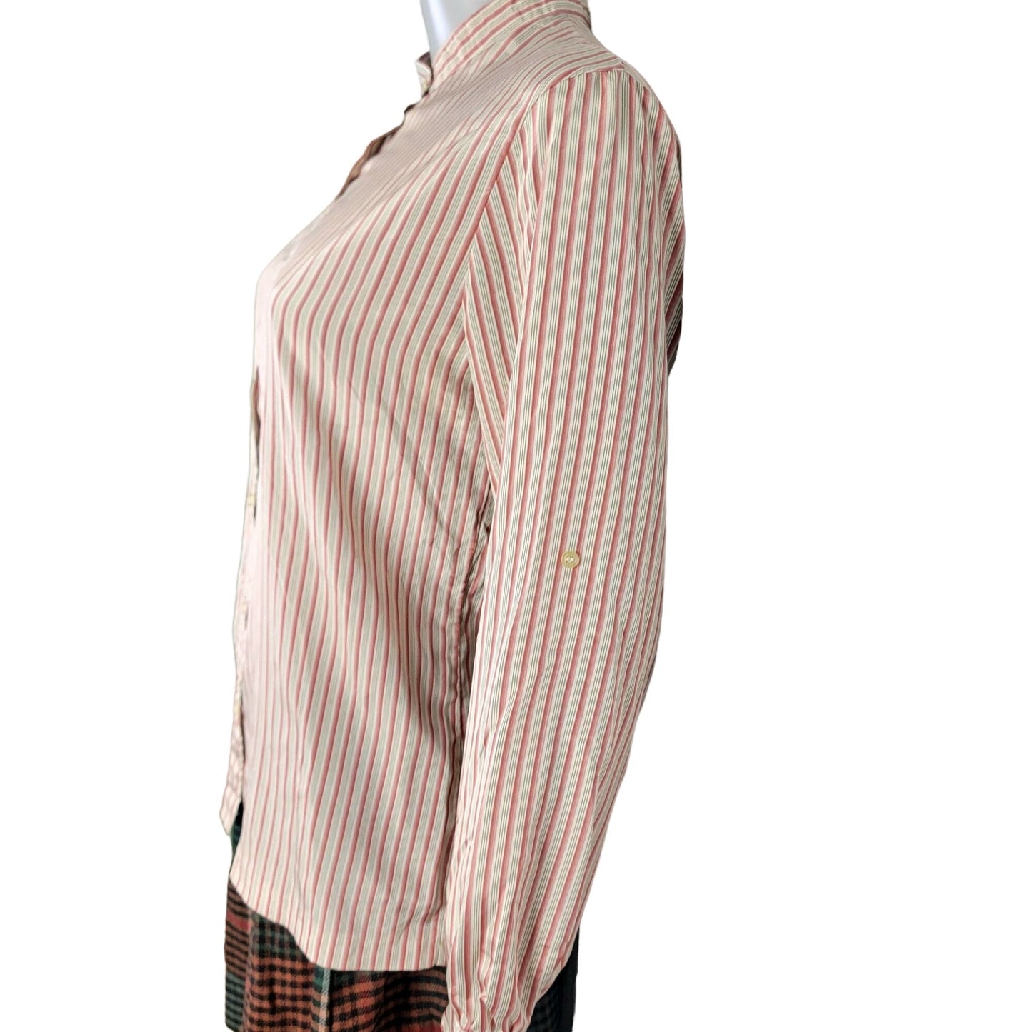 Vintage 70s Stripe Blouse Women 14 Button Shirt Roll Tab Sleeve Top Red Green