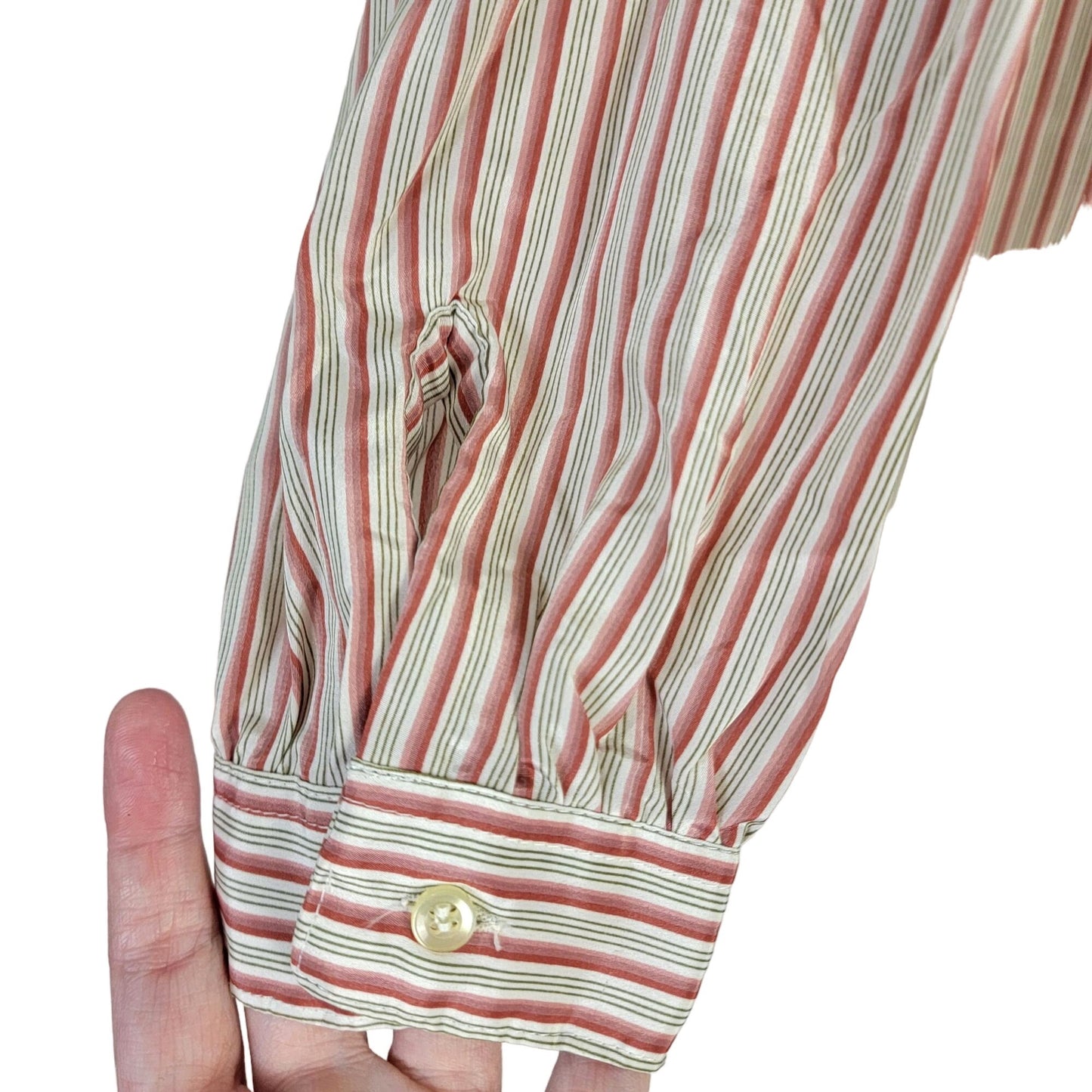 Vintage 70s Stripe Blouse Women 14 Button Shirt Roll Tab Sleeve Top Red Green