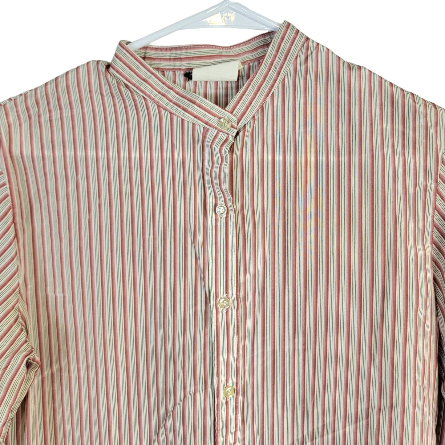 Vintage 70s Stripe Blouse Women 14 Button Shirt Roll Tab Sleeve Top Red Green