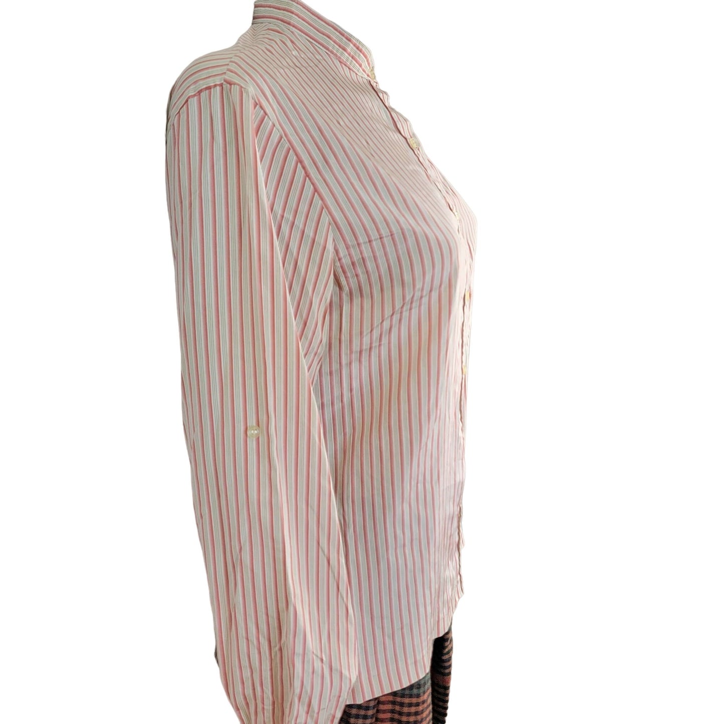 Vintage 70s Stripe Blouse Women 14 Button Shirt Roll Tab Sleeve Top Red Green