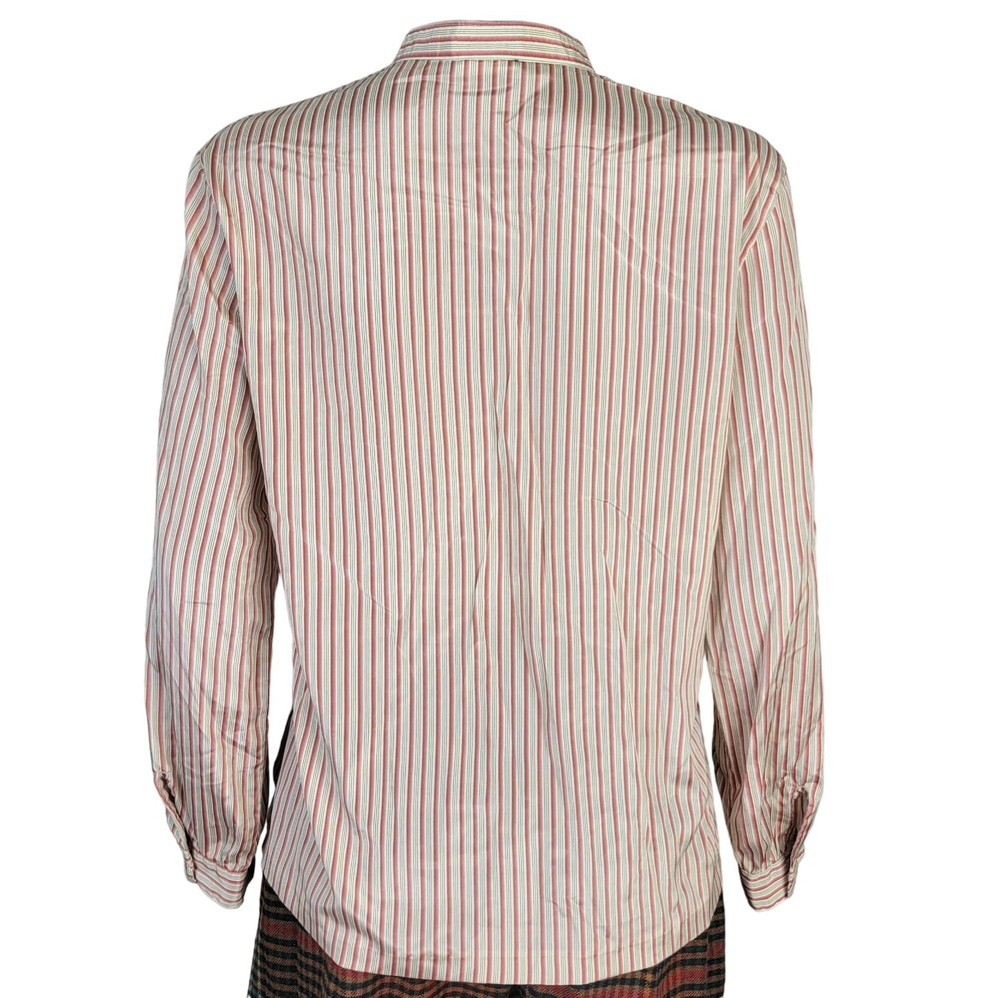 Vintage 70s Stripe Blouse Women 14 Button Shirt Roll Tab Sleeve Top Red Green