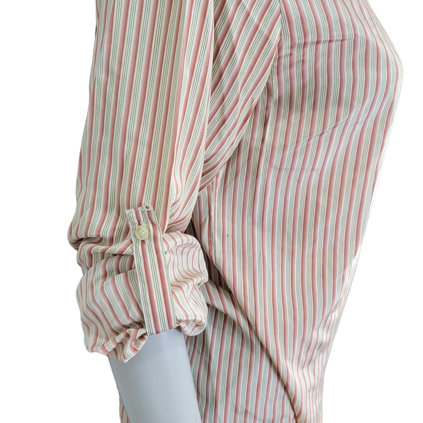 Vintage 70s Stripe Blouse Women 14 Button Shirt Roll Tab Sleeve Top Red Green