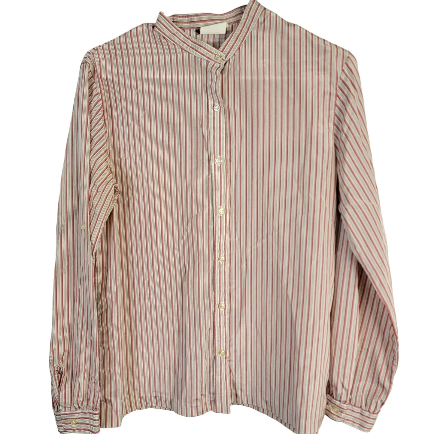 Vintage 70s Stripe Blouse Women 14 Button Shirt Roll Tab Sleeve Top Red Green