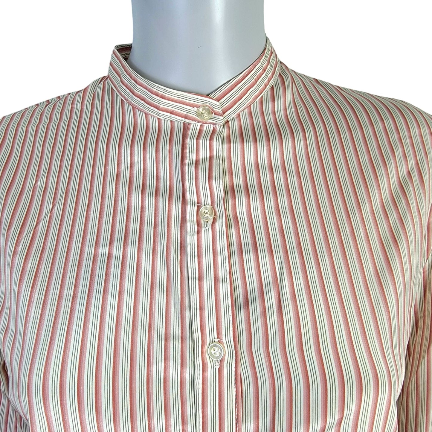 Vintage 70s Stripe Blouse Women 14 Button Shirt Roll Tab Sleeve Top Red Green