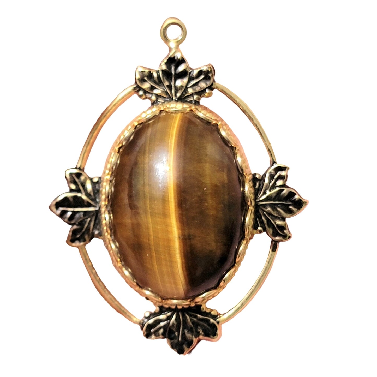 Vintage 80s Tigers Eye Pendant Gold Tone Metal Cabochon Leaf Oval Natural Stone