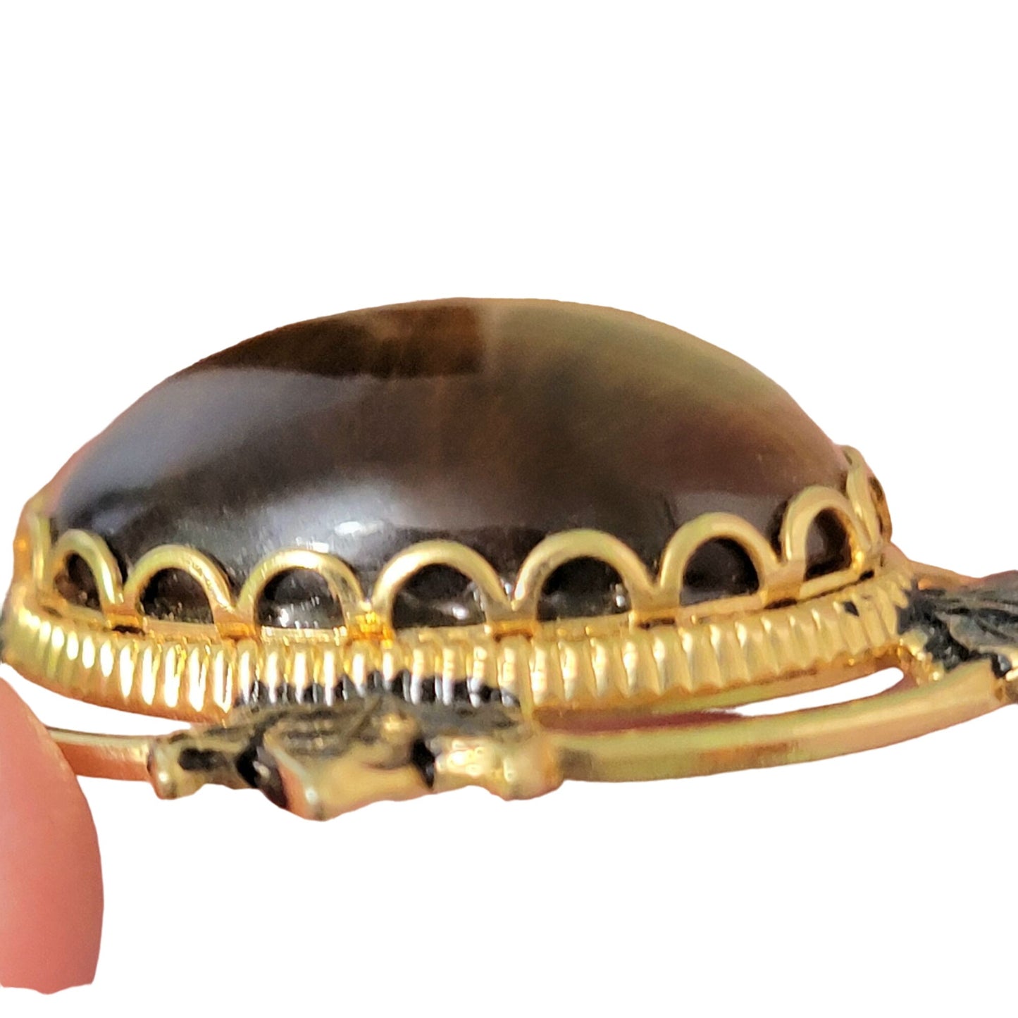 Vintage 80s Tigers Eye Pendant Gold Tone Metal Cabochon Leaf Oval Natural Stone