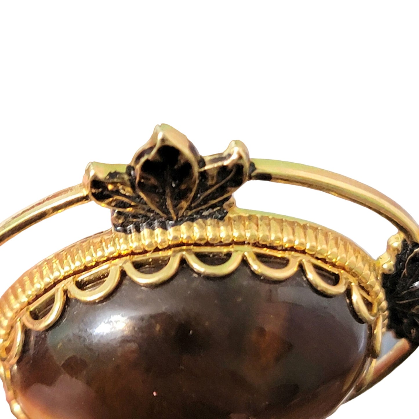 Vintage 80s Tigers Eye Pendant Gold Tone Metal Cabochon Leaf Oval Natural Stone