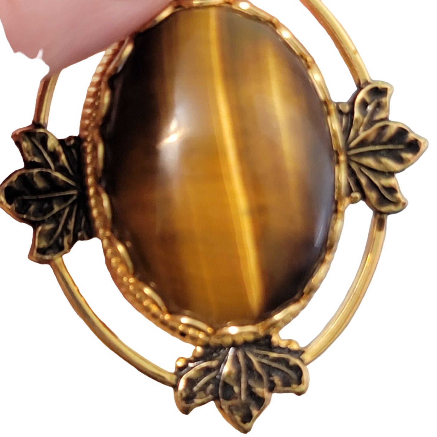 Vintage 80s Tigers Eye Pendant Gold Tone Metal Cabochon Leaf Oval Natural Stone