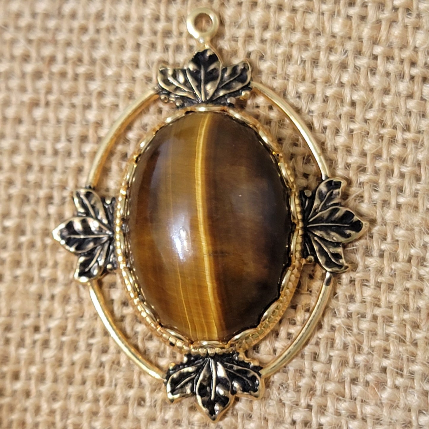 Vintage 80s Tigers Eye Pendant Gold Tone Metal Cabochon Leaf Oval Natural Stone
