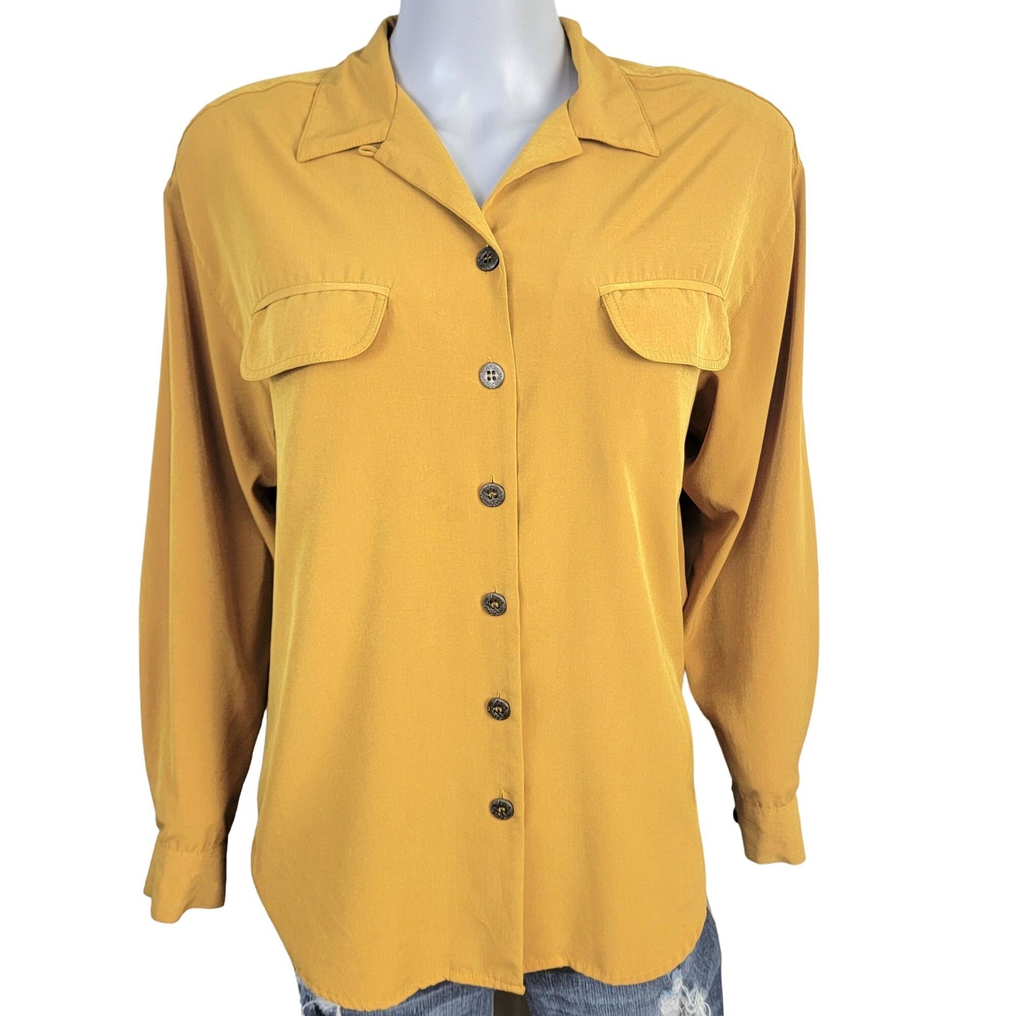 Vintage 80s Button Up Blouse Women Medium Shirt Gold
