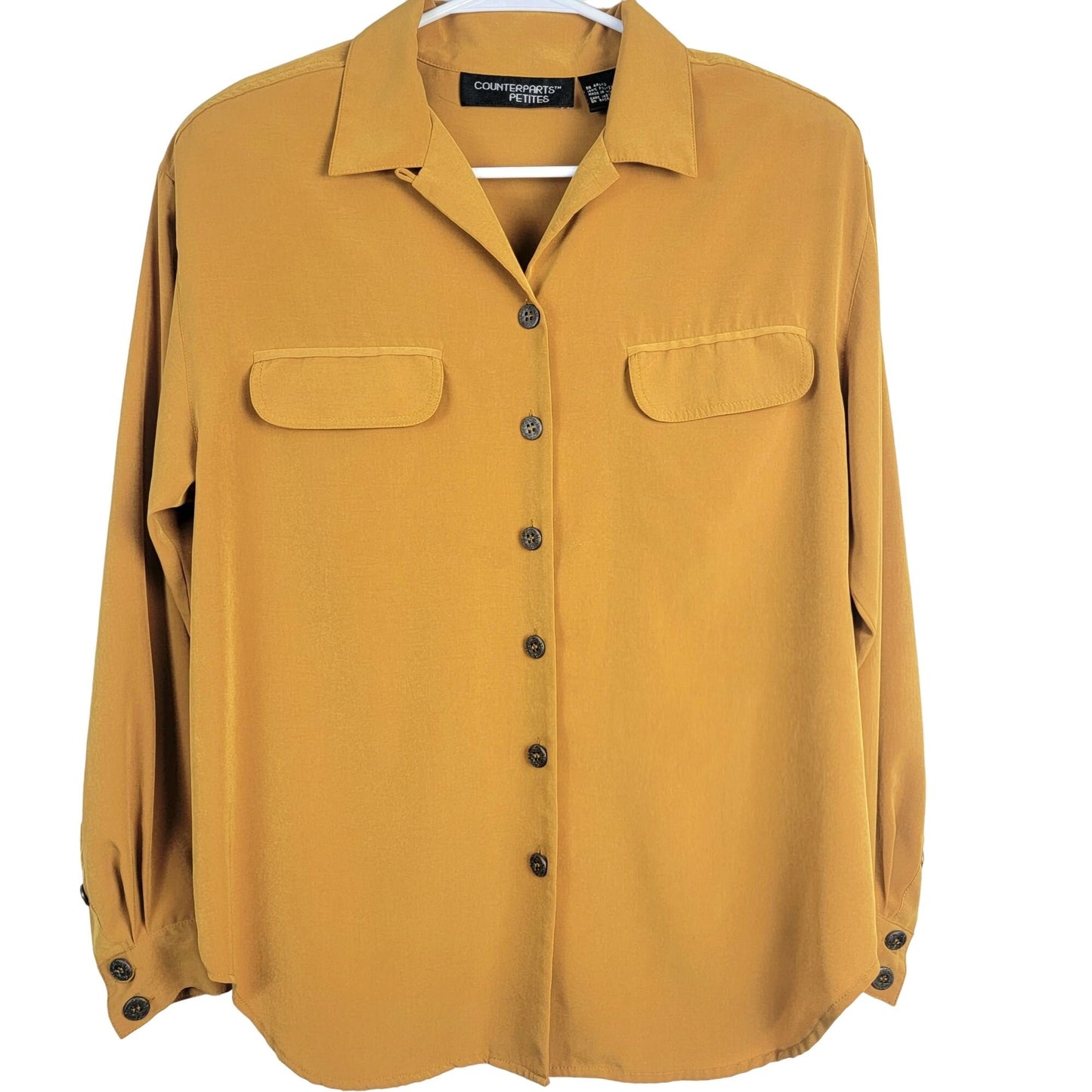 Vintage 80s Button Up Blouse Women Medium Shirt Gold