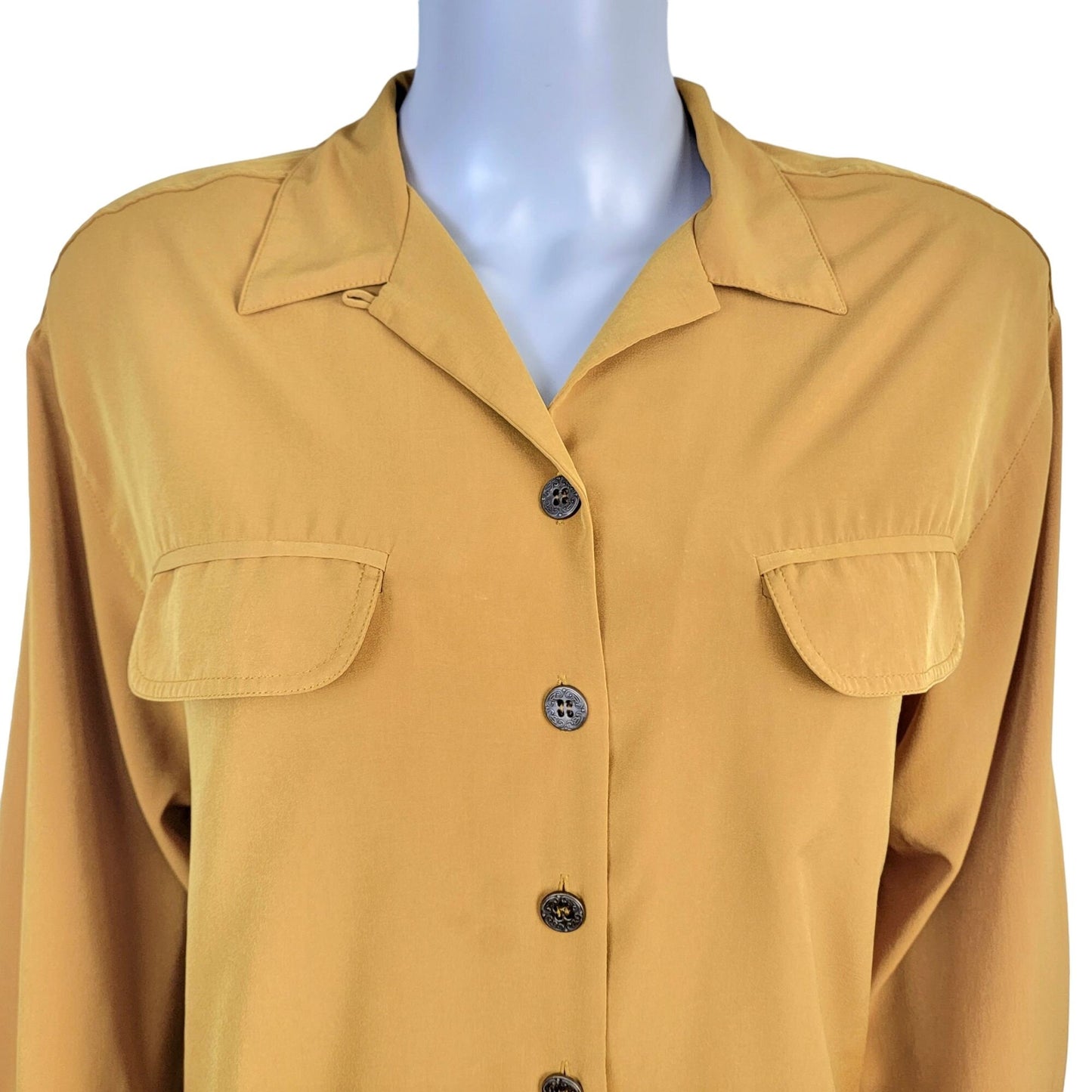 Vintage 80s Button Up Blouse Women Medium Shirt Gold