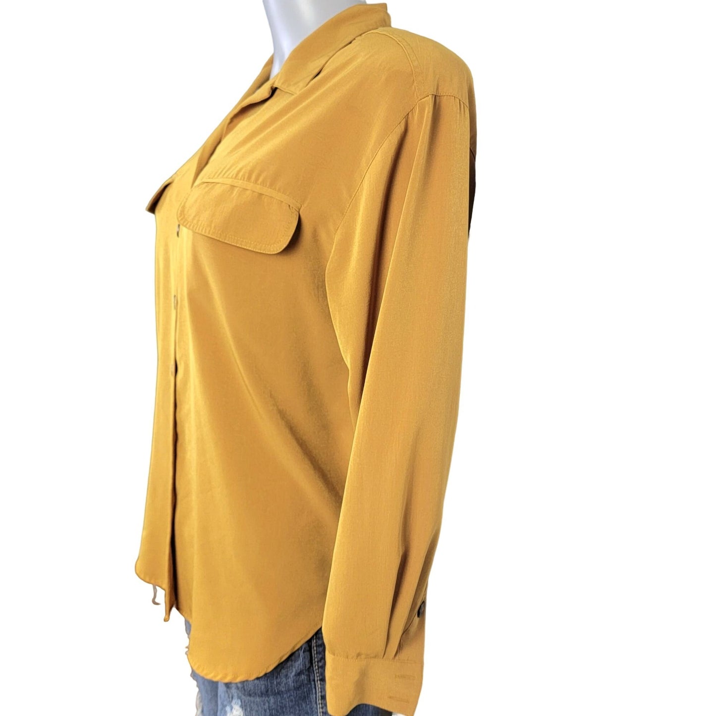 Vintage 80s Button Up Blouse Women Medium Shirt Gold