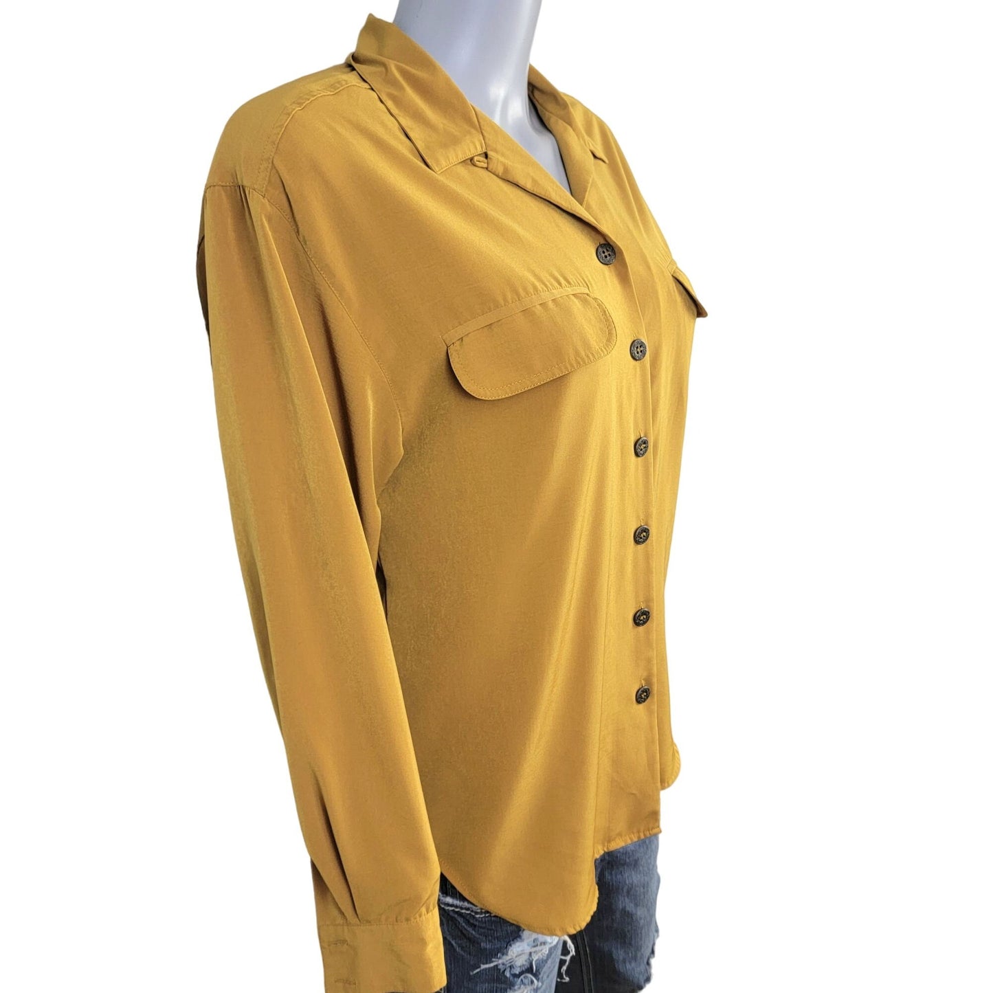 Vintage 80s Button Up Blouse Women Medium Shirt Gold