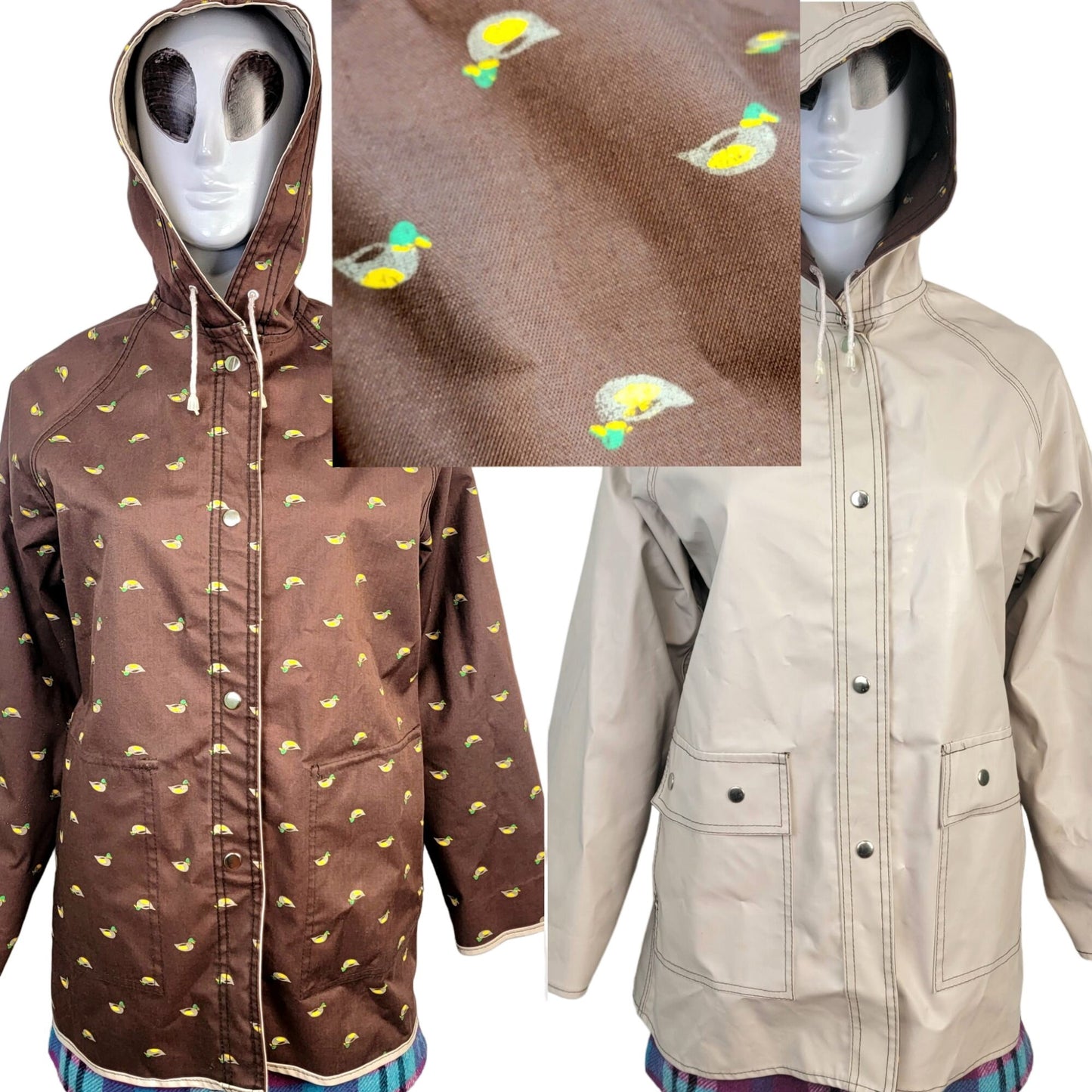 Vintage 80s Reversible Duck Raincoat Women Large Brown Beige Jacket Coat