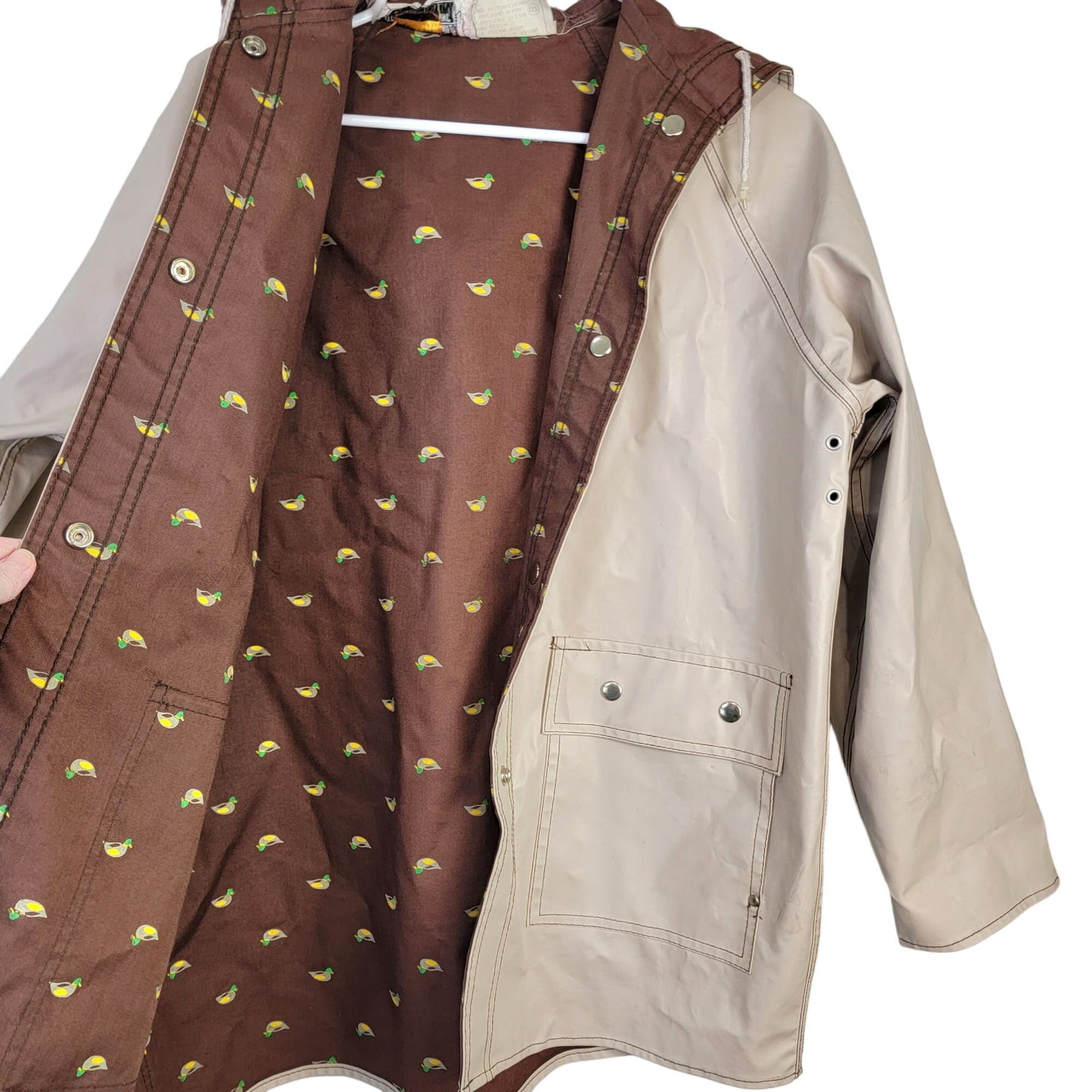 Vintage 80s Reversible Duck Raincoat Women Large Brown Beige Jacket Coat