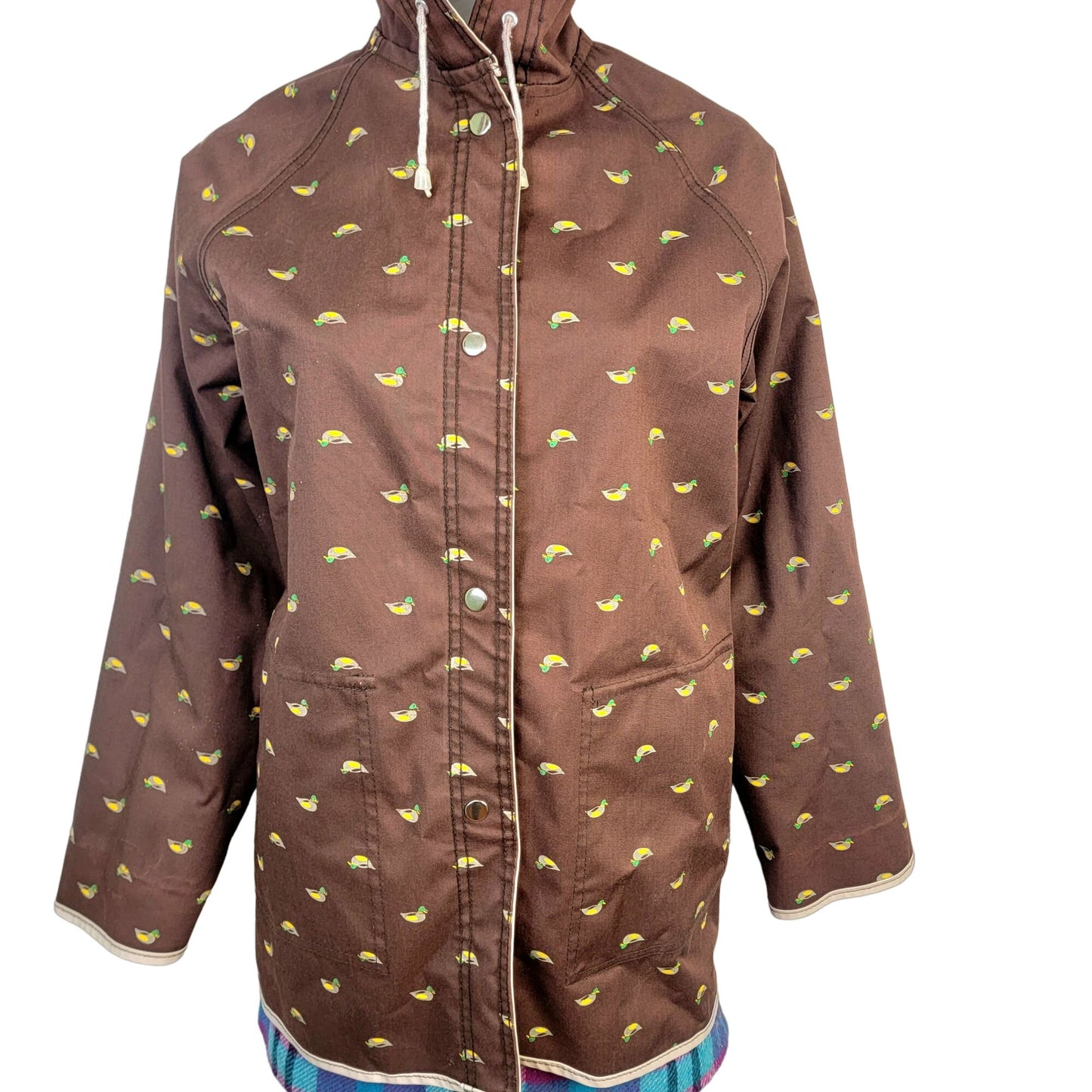Vintage 80s Reversible Duck Raincoat Women Large Brown Beige Jacket Coat