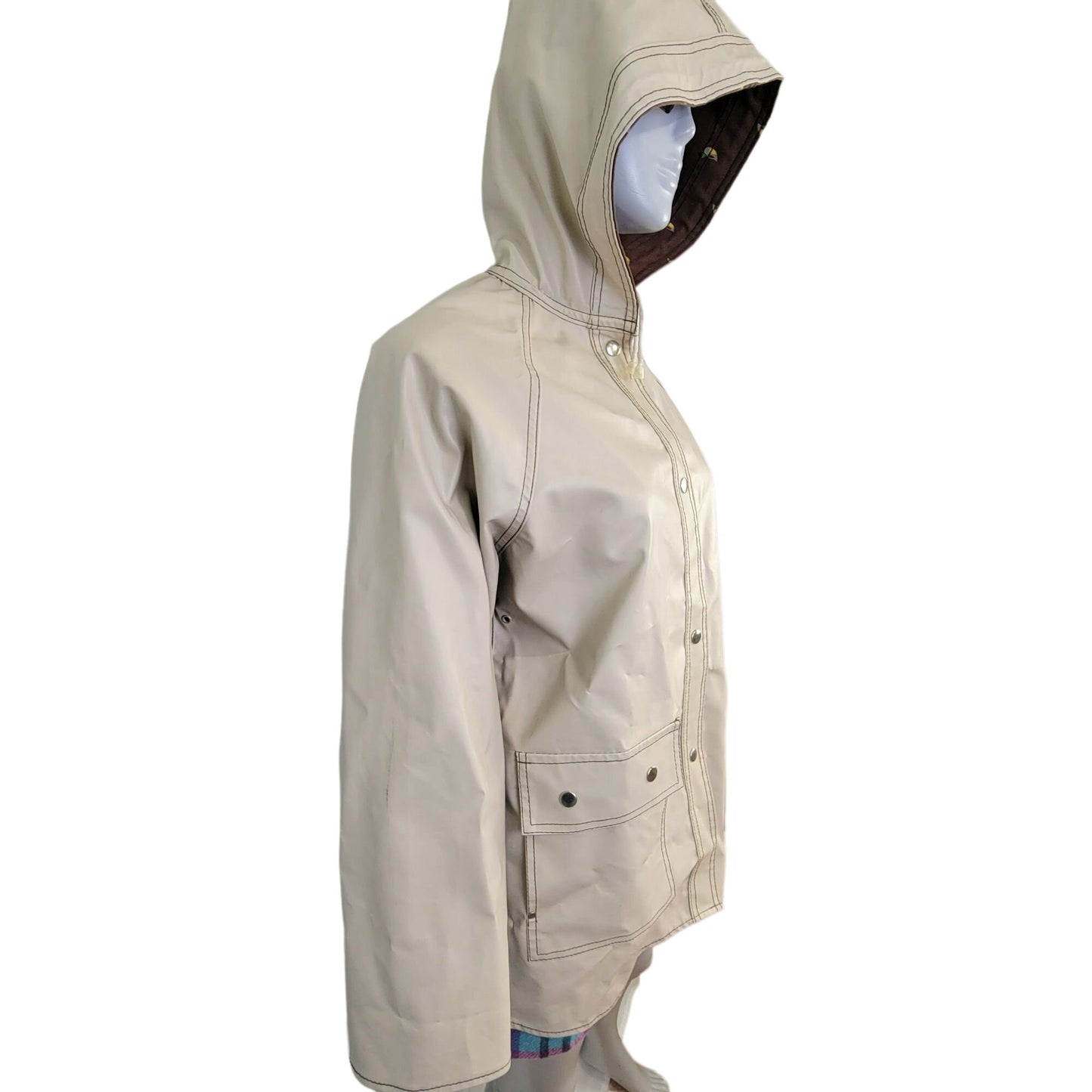 Vintage 80s Reversible Duck Raincoat Women Large Brown Beige Jacket Coat