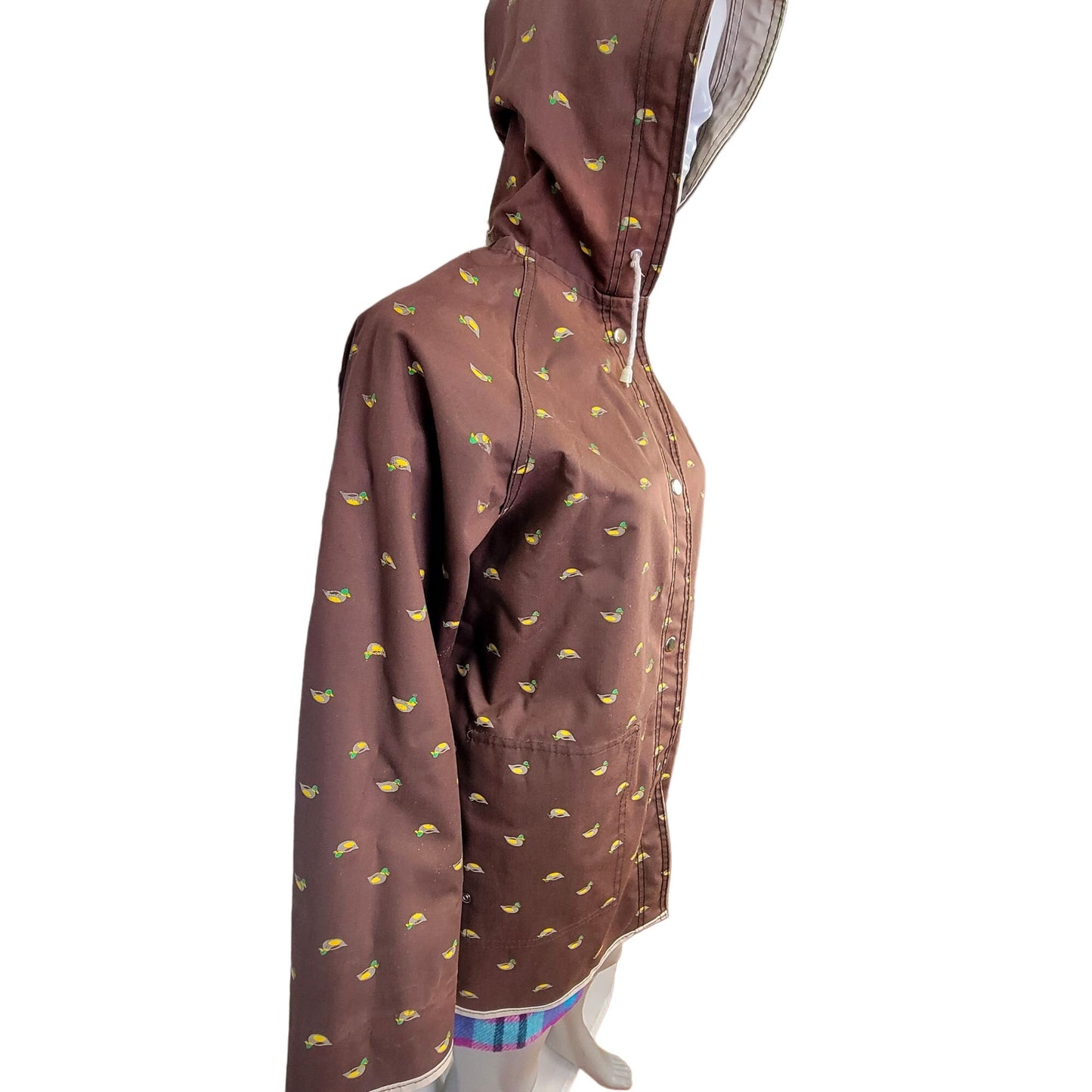Vintage 80s Reversible Duck Raincoat Women Large Brown Beige Jacket Coat