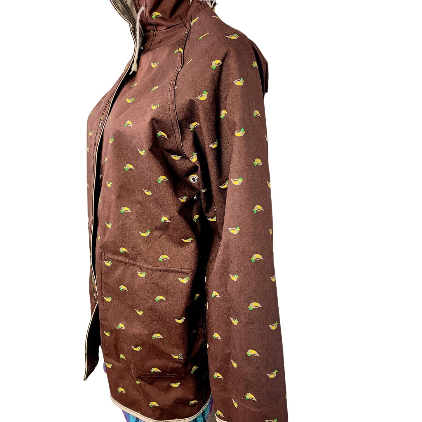 Vintage 80s Reversible Duck Raincoat Women Large Brown Beige Jacket Coat