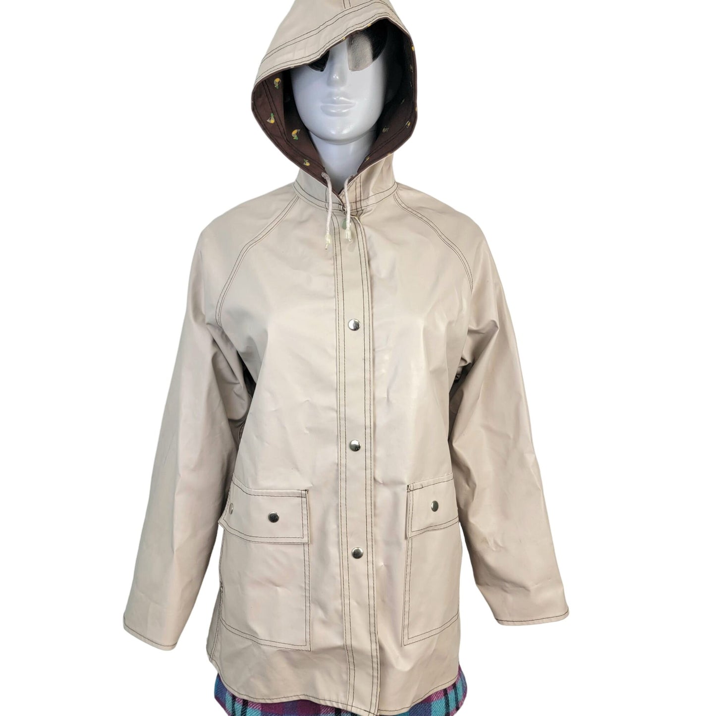 Vintage 80s Reversible Duck Raincoat Women Large Brown Beige Jacket Coat
