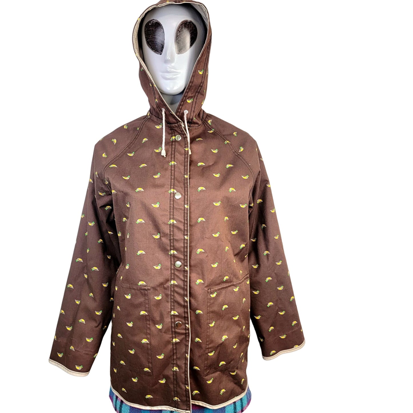 Vintage 80s Reversible Duck Raincoat Women Large Brown Beige Jacket Coat