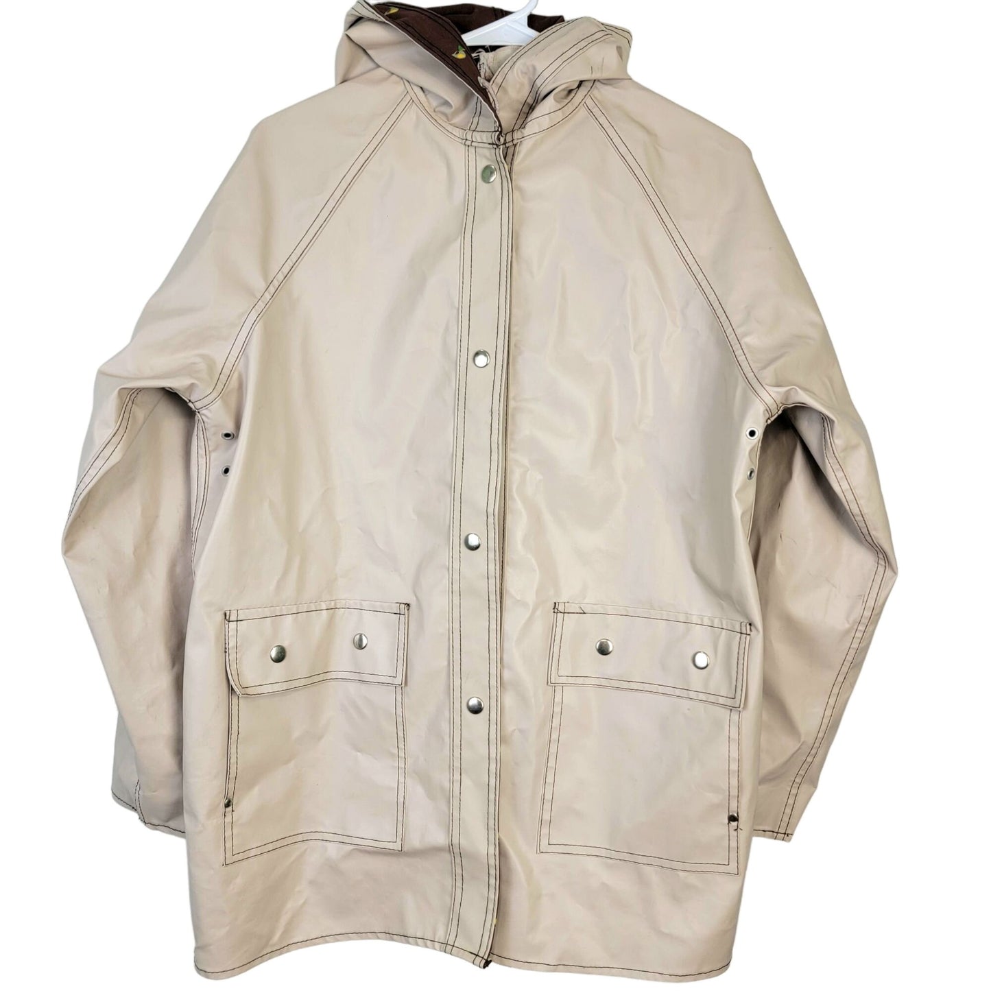 Vintage 80s Reversible Duck Raincoat Women Large Brown Beige Jacket Coat