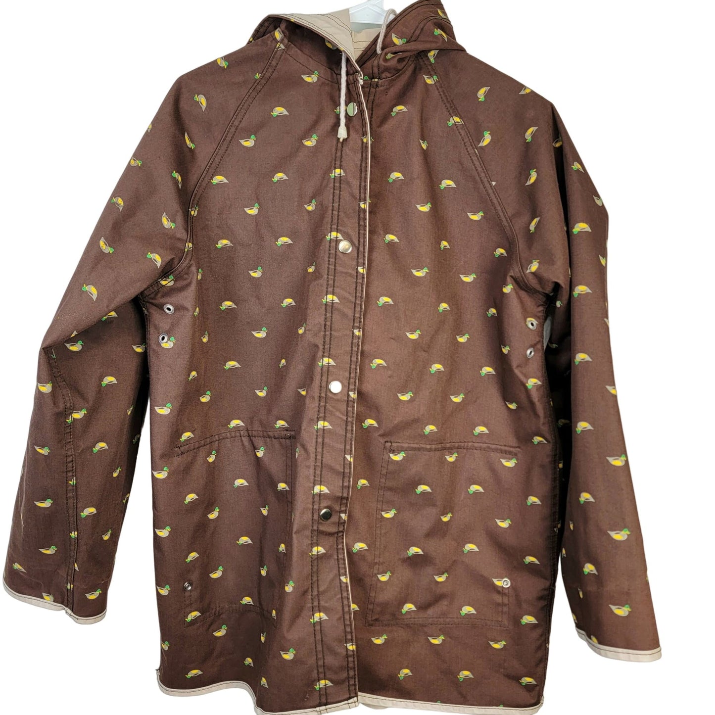 Vintage 80s Reversible Duck Raincoat Women Large Brown Beige Jacket Coat