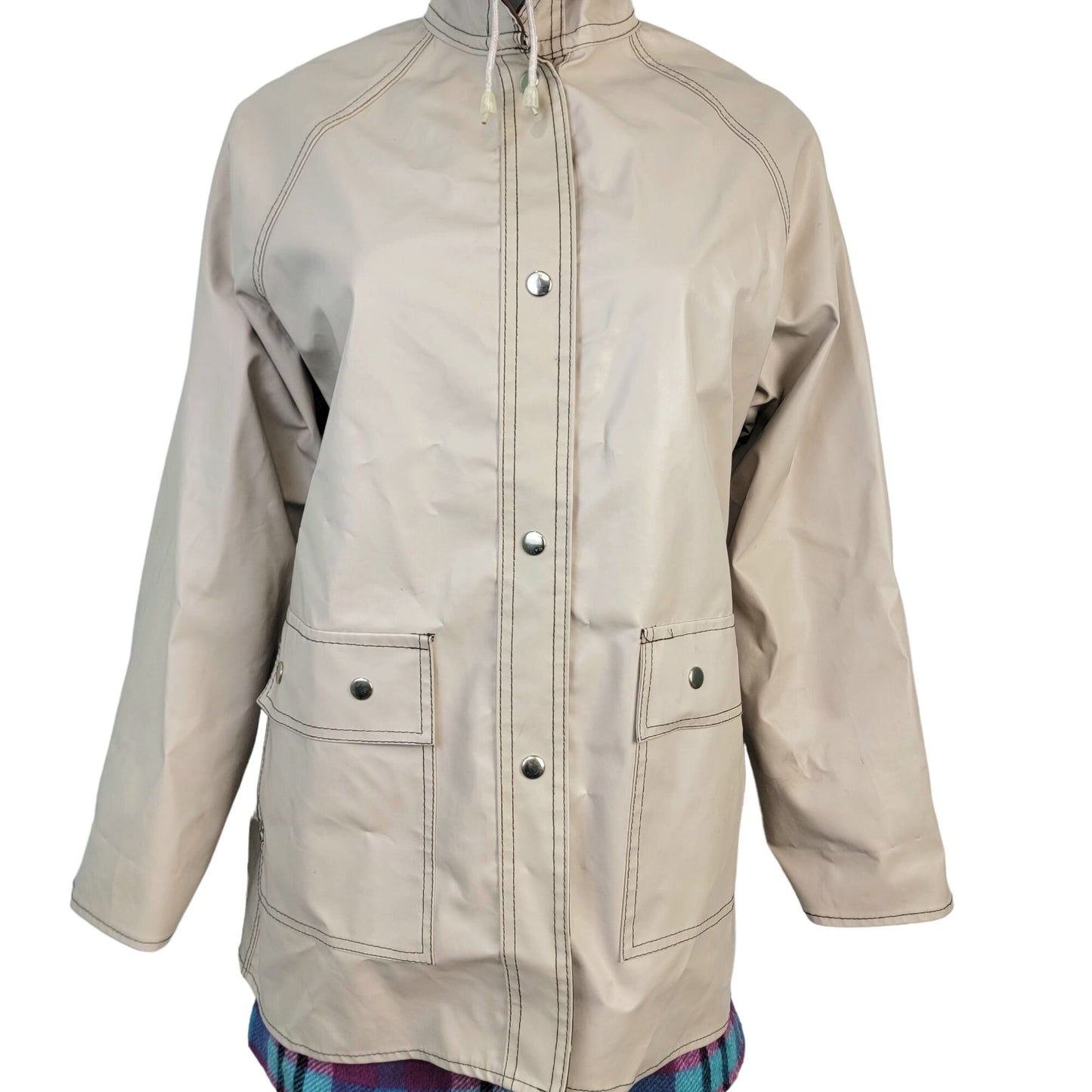Vintage 80s Reversible Duck Raincoat Women Large Brown Beige Jacket Coat