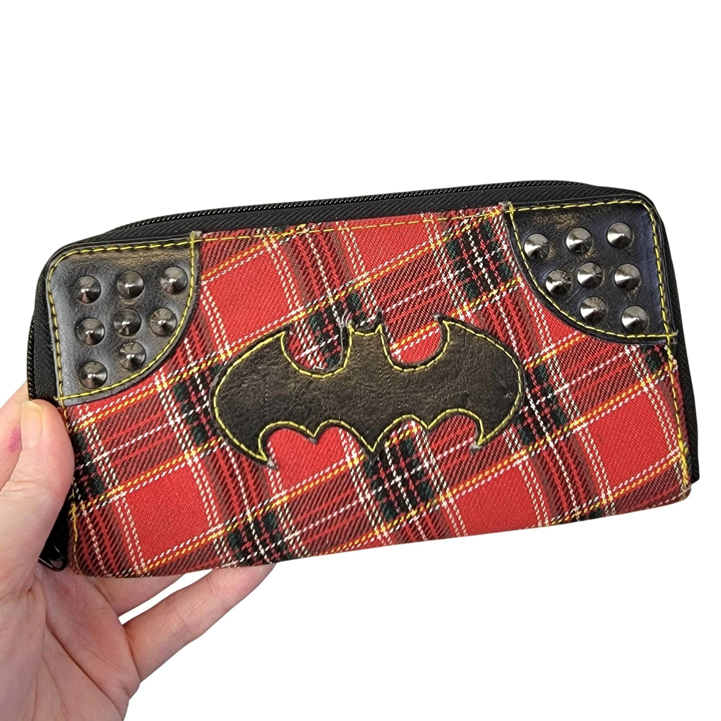 Batman Dc Comics Plaid Wallet Women Red Black Metal Stud Zip Bag Card Holder