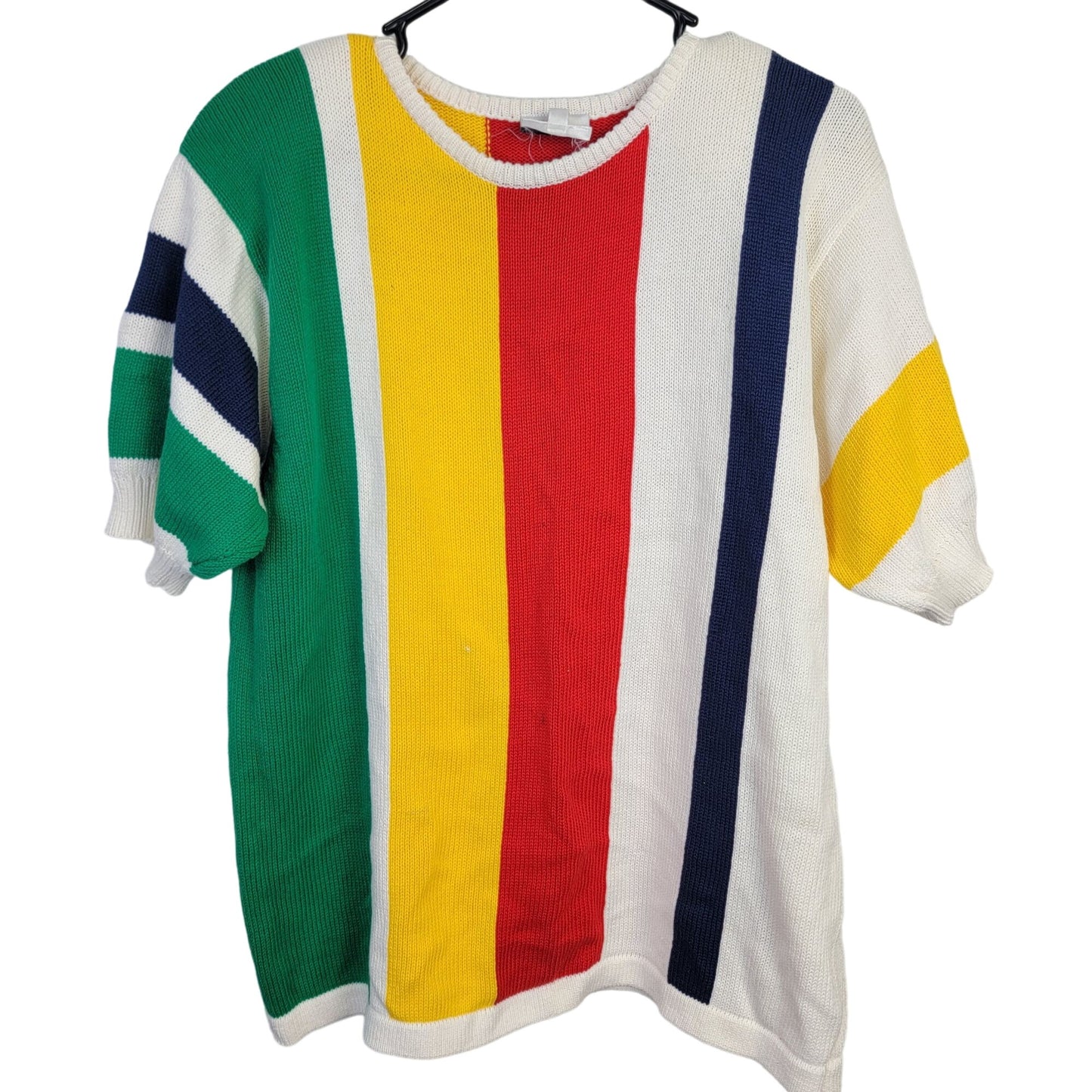 Vintage 80s Sweater Shirt Women Large Knit Primary Stripe Cream Blue Red