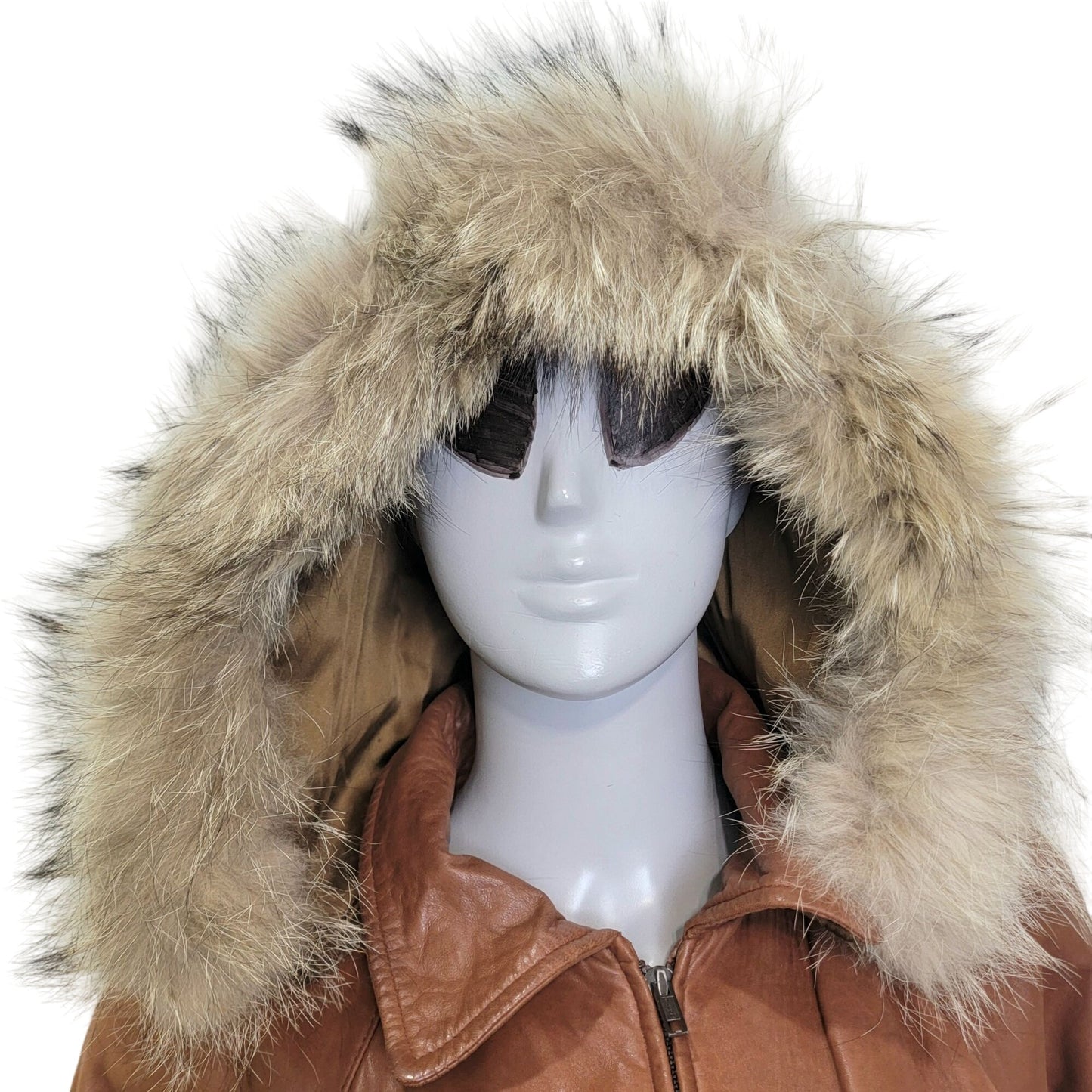Vintage 80s Damselle Leather Jacket Women XS Fur Trim Hood Parka Coat Brown