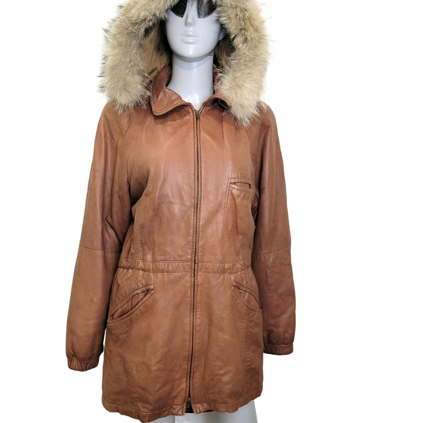 Vintage 80s Damselle Leather Jacket Women XS Fur Trim Hood Parka Coat Brown