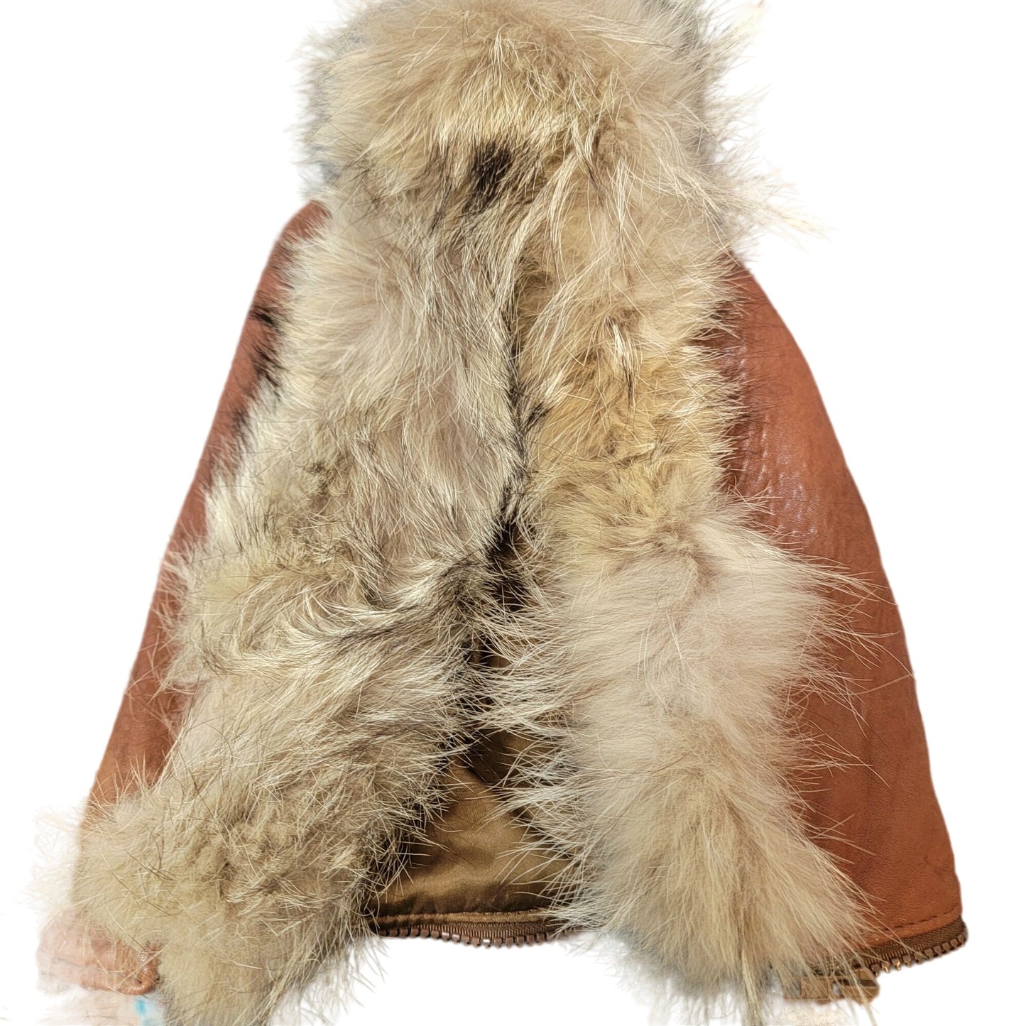 Vintage 80s Damselle Leather Jacket Women XS Fur Trim Hood Parka Coat Brown