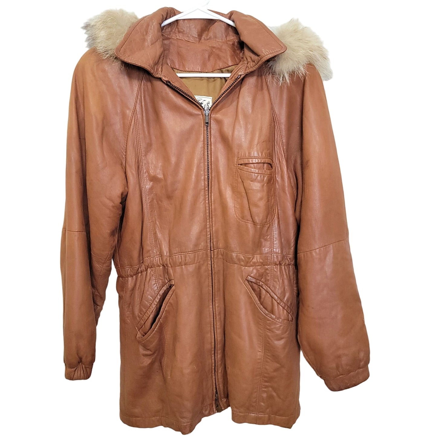 Vintage 80s Damselle Leather Jacket Women XS Fur Trim Hood Parka Coat Brown