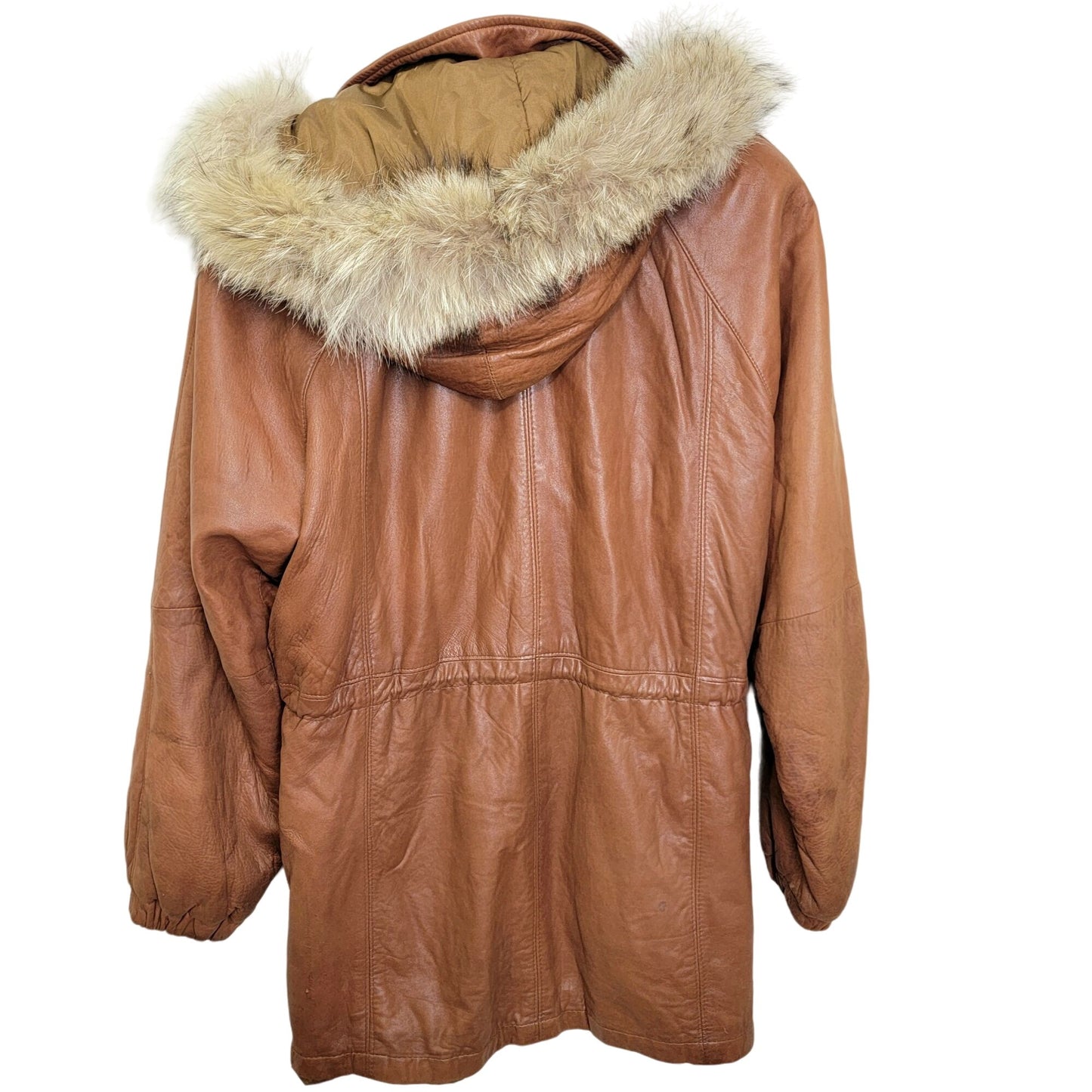 Vintage 80s Damselle Leather Jacket Women XS Fur Trim Hood Parka Coat Brown