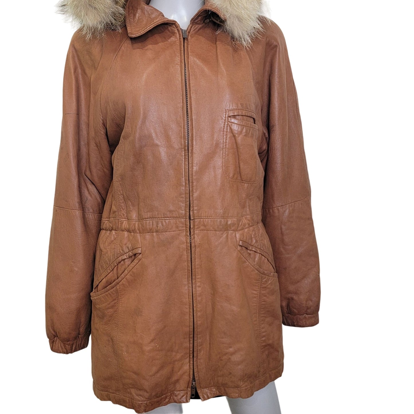 Vintage 80s Damselle Leather Jacket Women XS Fur Trim Hood Parka Coat Brown