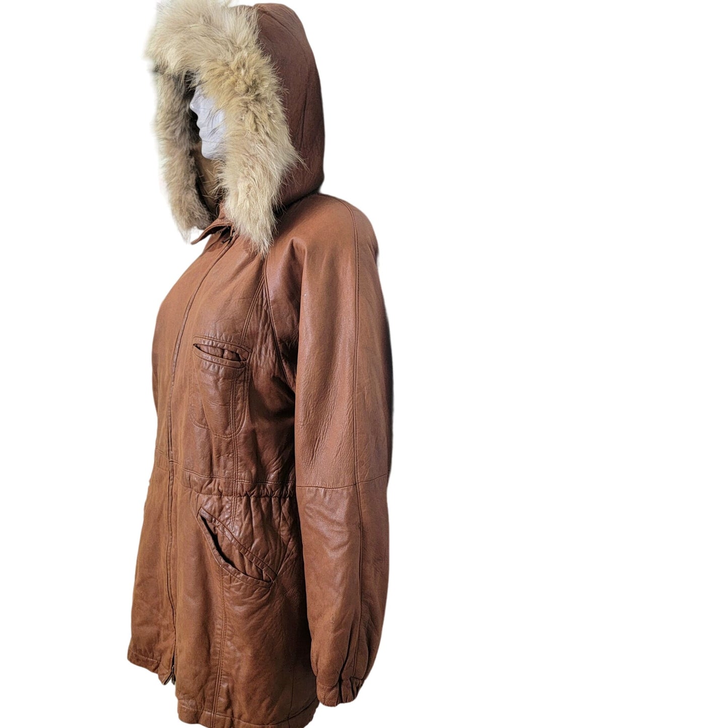 Vintage 80s Damselle Leather Jacket Women XS Fur Trim Hood Parka Coat Brown
