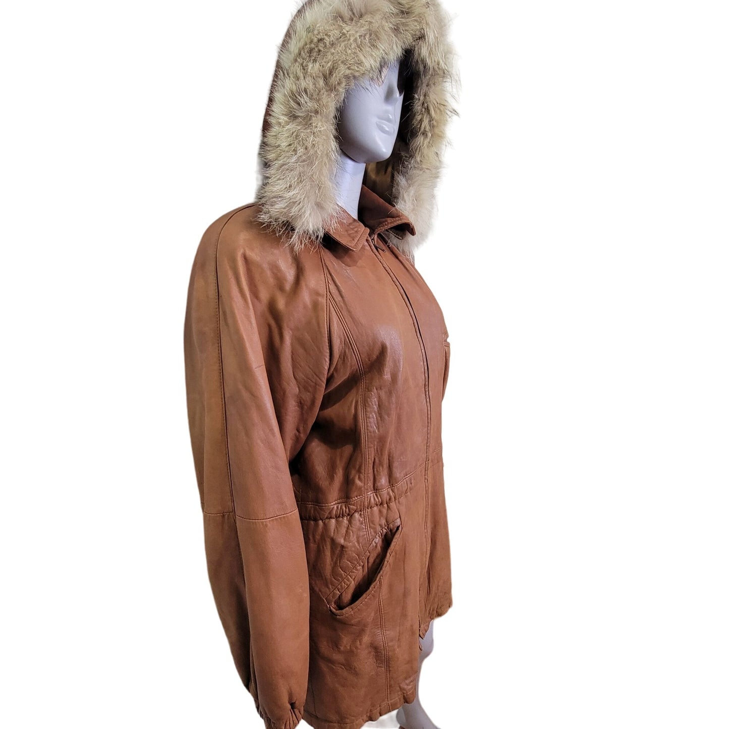 Vintage 80s Damselle Leather Jacket Women XS Fur Trim Hood Parka Coat Brown