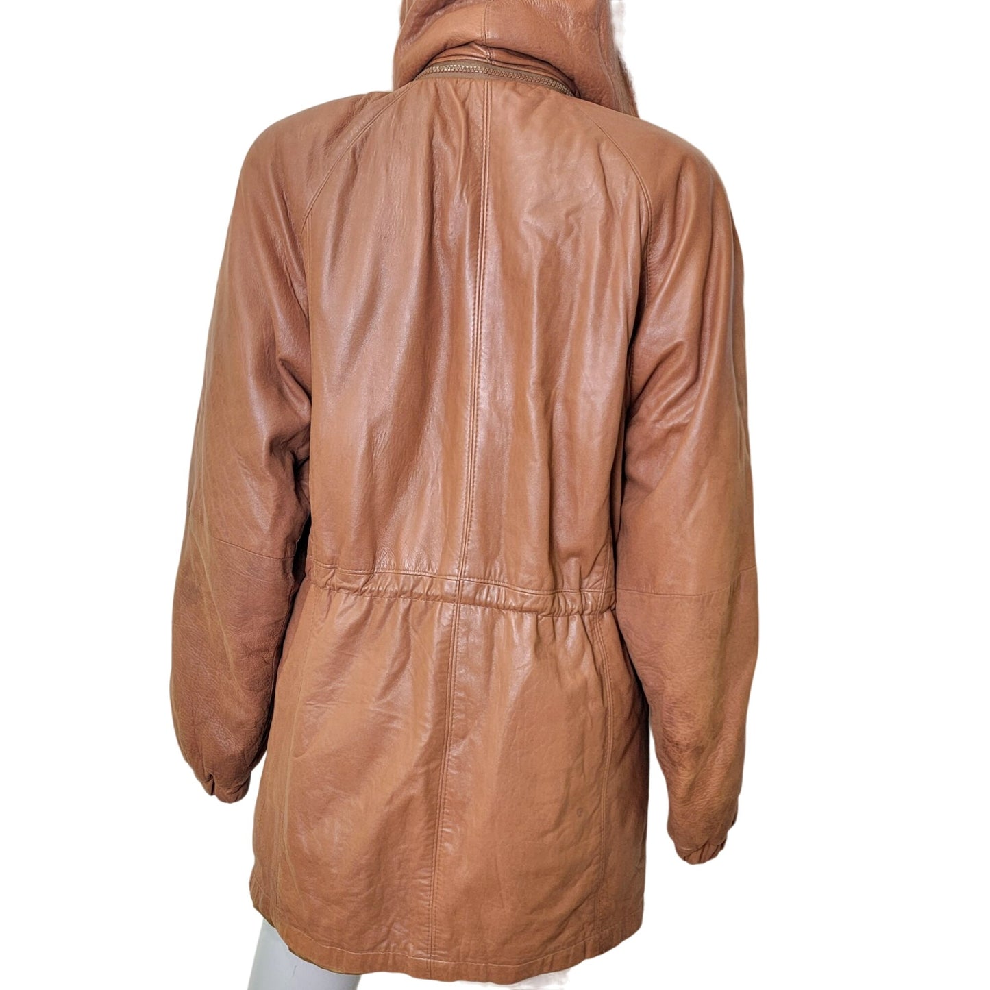 Vintage 80s Damselle Leather Jacket Women XS Fur Trim Hood Parka Coat Brown