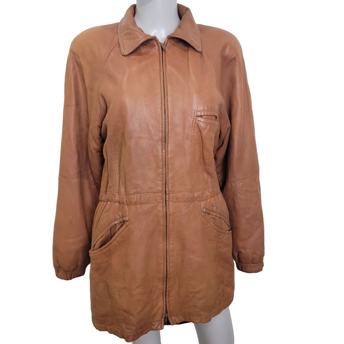 Vintage 80s Damselle Leather Jacket Women XS Fur Trim Hood Parka Coat Brown