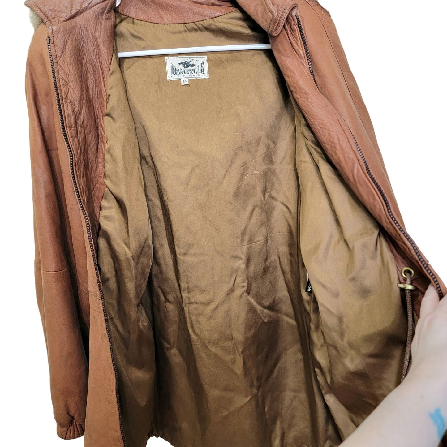 Vintage 80s Damselle Leather Jacket Women XS Fur Trim Hood Parka Coat Brown