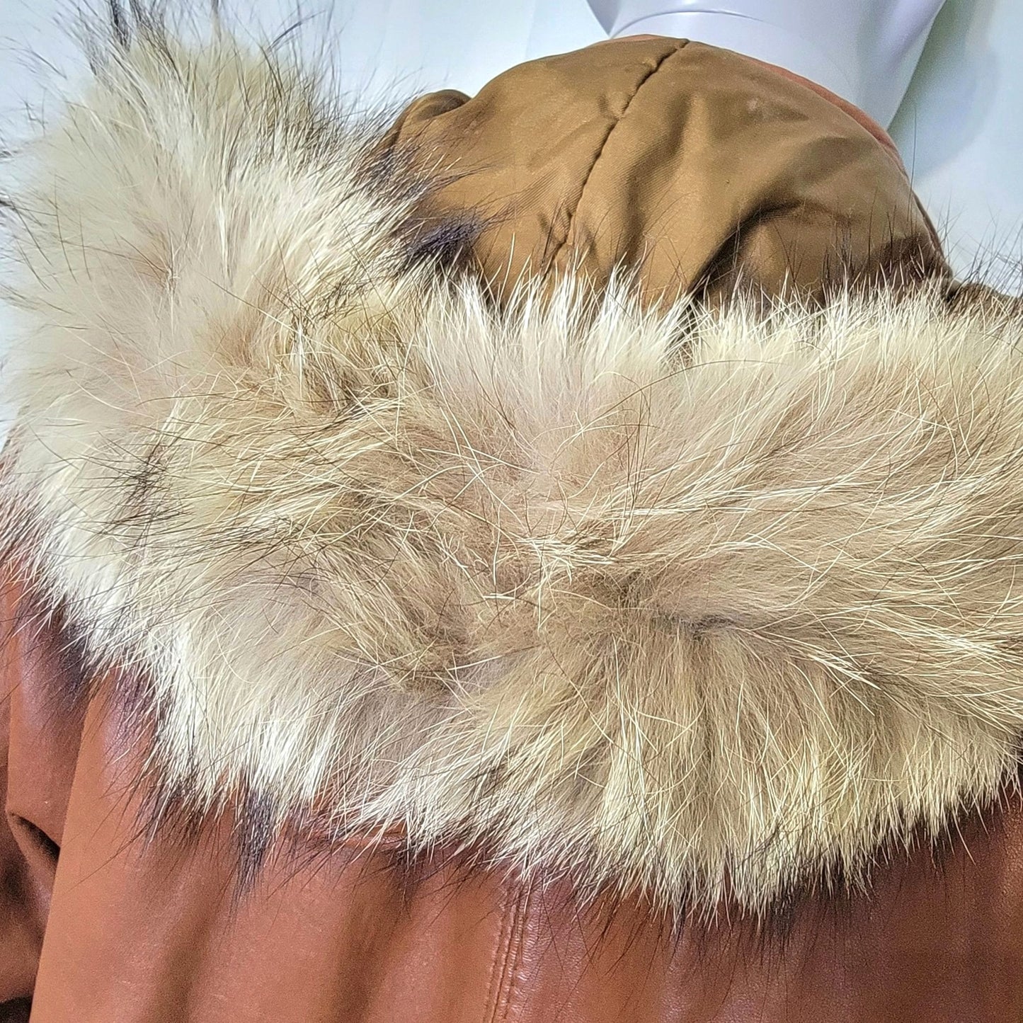 Vintage 80s Damselle Leather Jacket Women XS Fur Trim Hood Parka Coat Brown