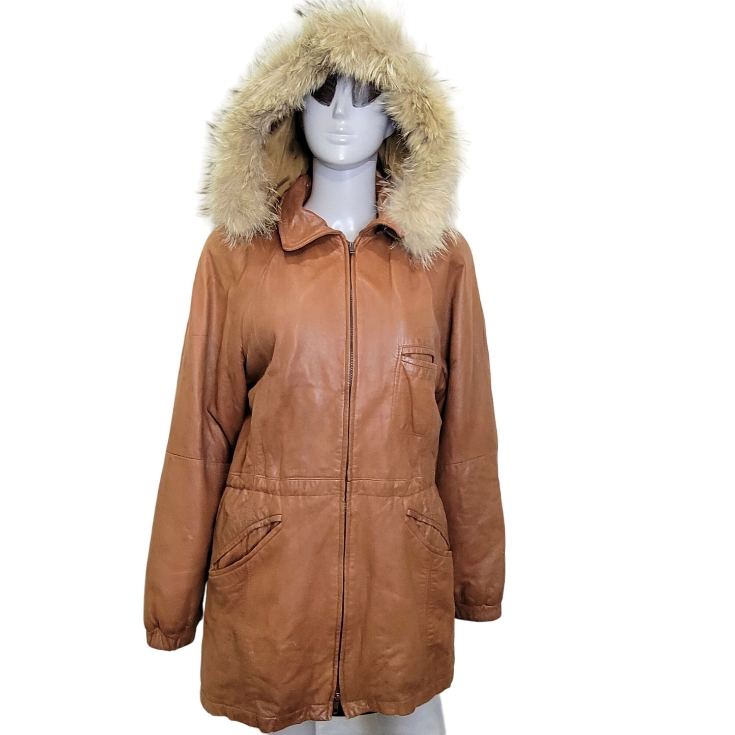 Vintage 80s Damselle Leather Jacket Women XS Fur Trim Hood Parka Coat Brown