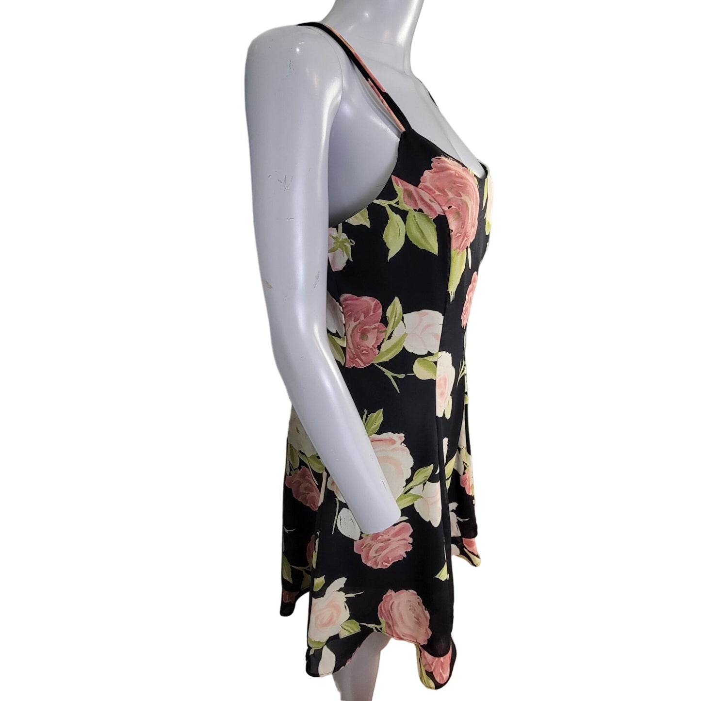Vintage 90s Floral Mini Dress Medium 10 Petite Black Pink Shift Formal