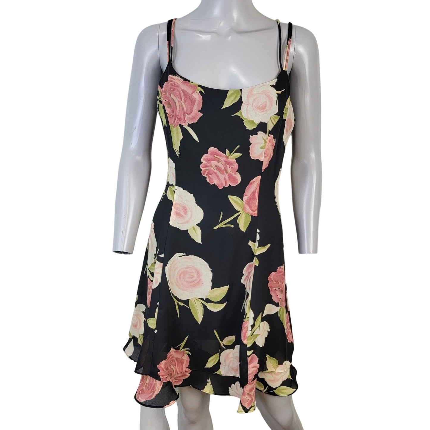 Vintage 90s Floral Mini Dress Medium 10 Petite Black Pink Shift Formal