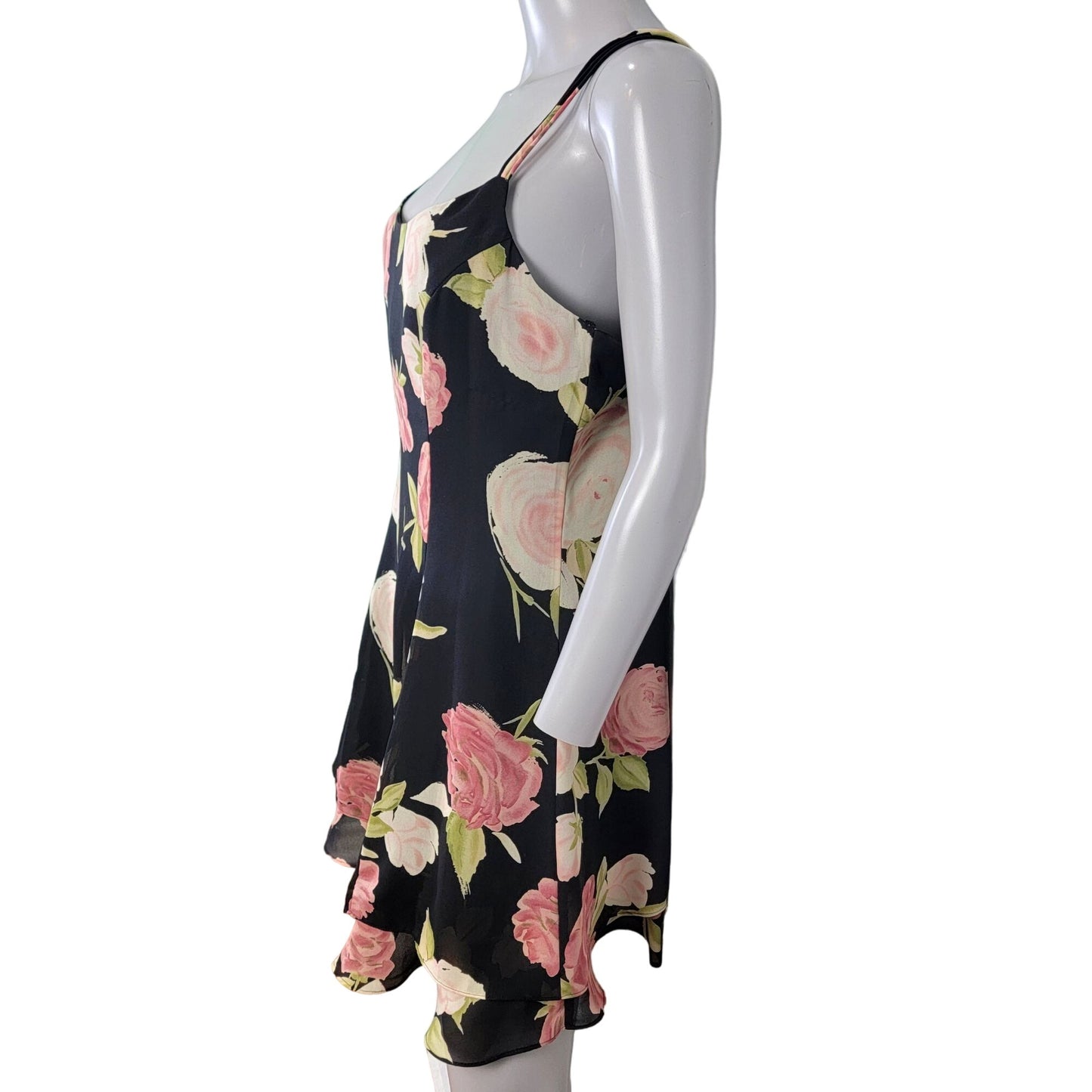 Vintage 90s Floral Mini Dress Medium 10 Petite Black Pink Shift Formal
