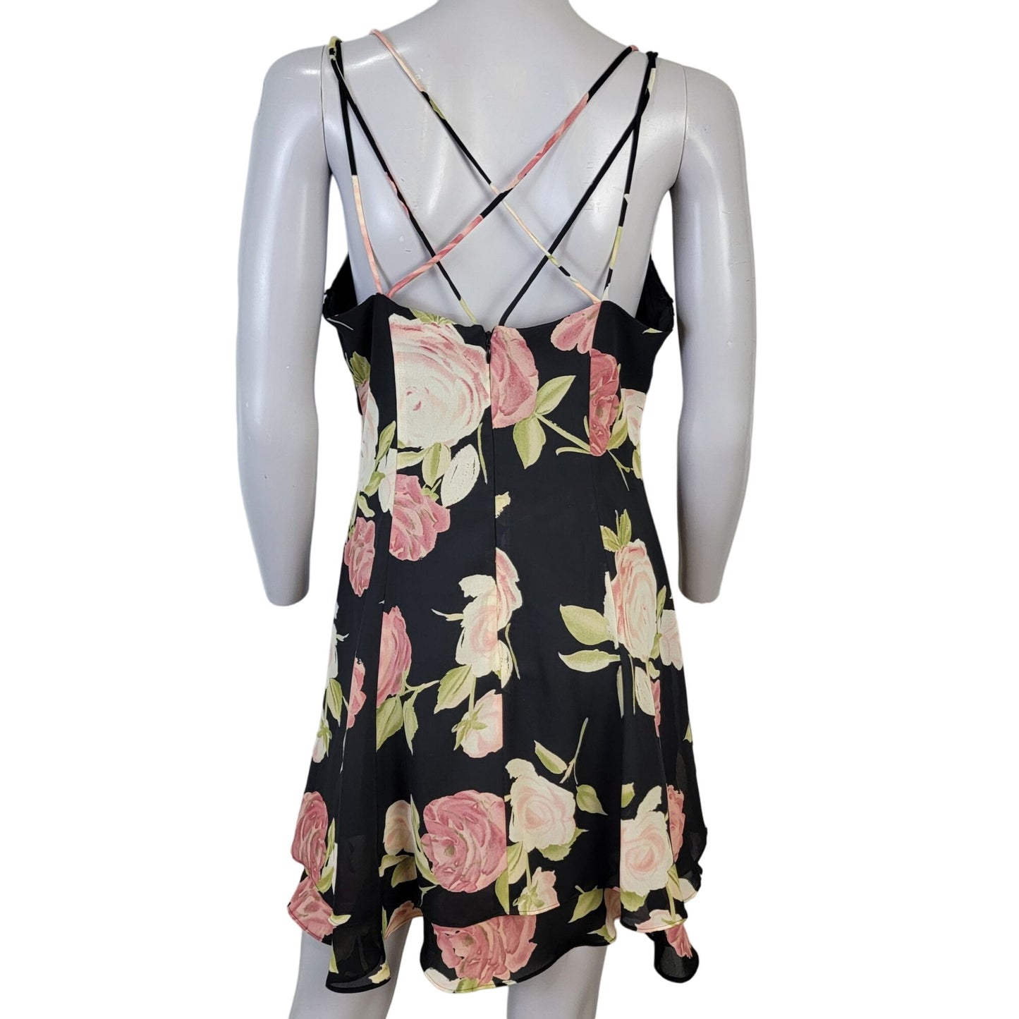 Vintage 90s Floral Mini Dress Medium 10 Petite Black Pink Shift Formal