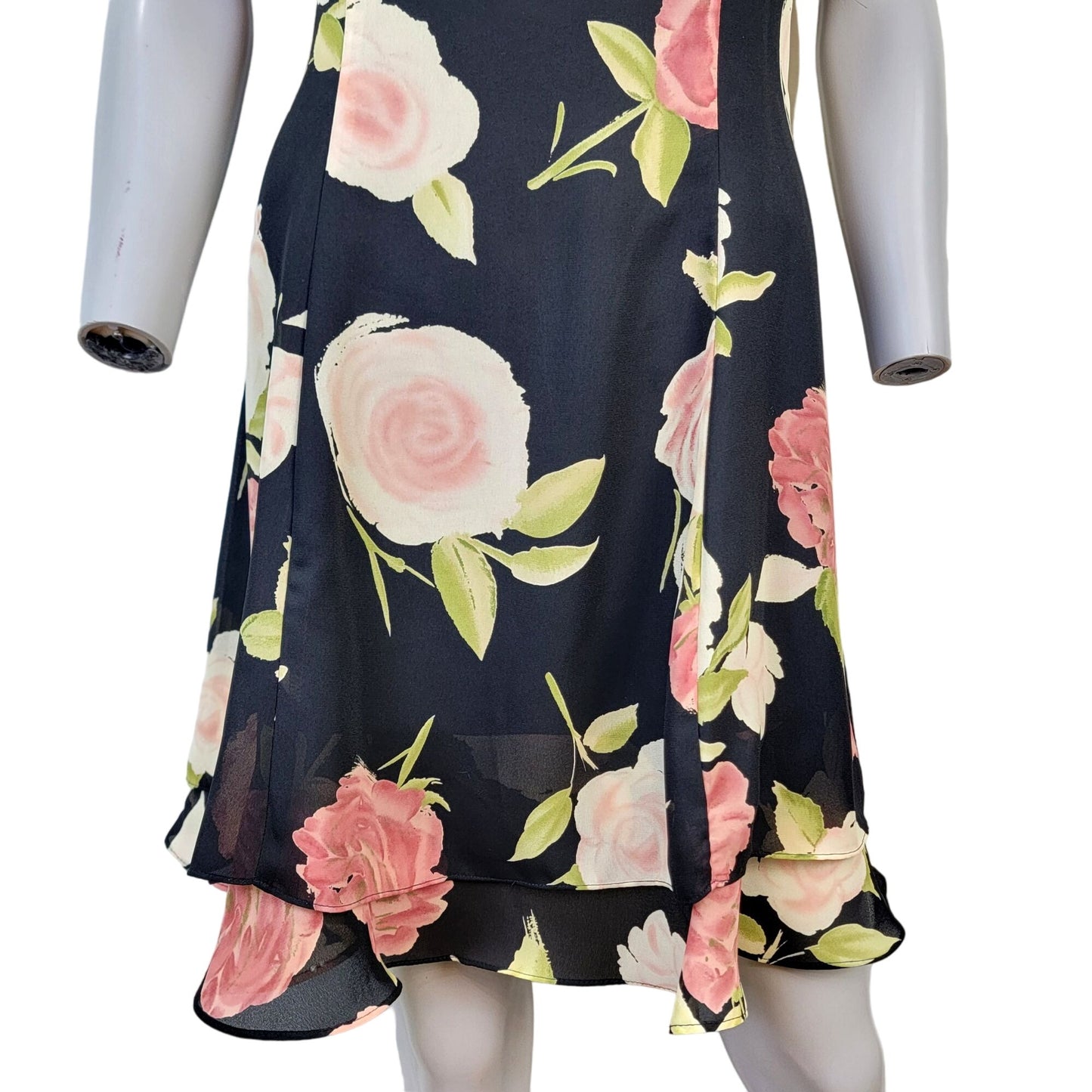 Vintage 90s Floral Mini Dress Medium 10 Petite Black Pink Shift Formal